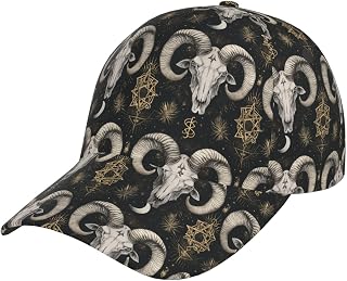 Trucker Hat Men Women - Mystic Ram Skull Print Adjustable Baseball Cap Hiking Running Dad Golf Hat Black
