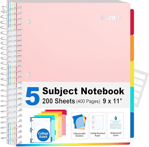 SUNEE Cuaderno de 5 asignaturas con rayas universitarias, 300 páginas, 8.2 x 10.8 pulgadas, cuaderno forrado en espiral con 5 divisores de colores