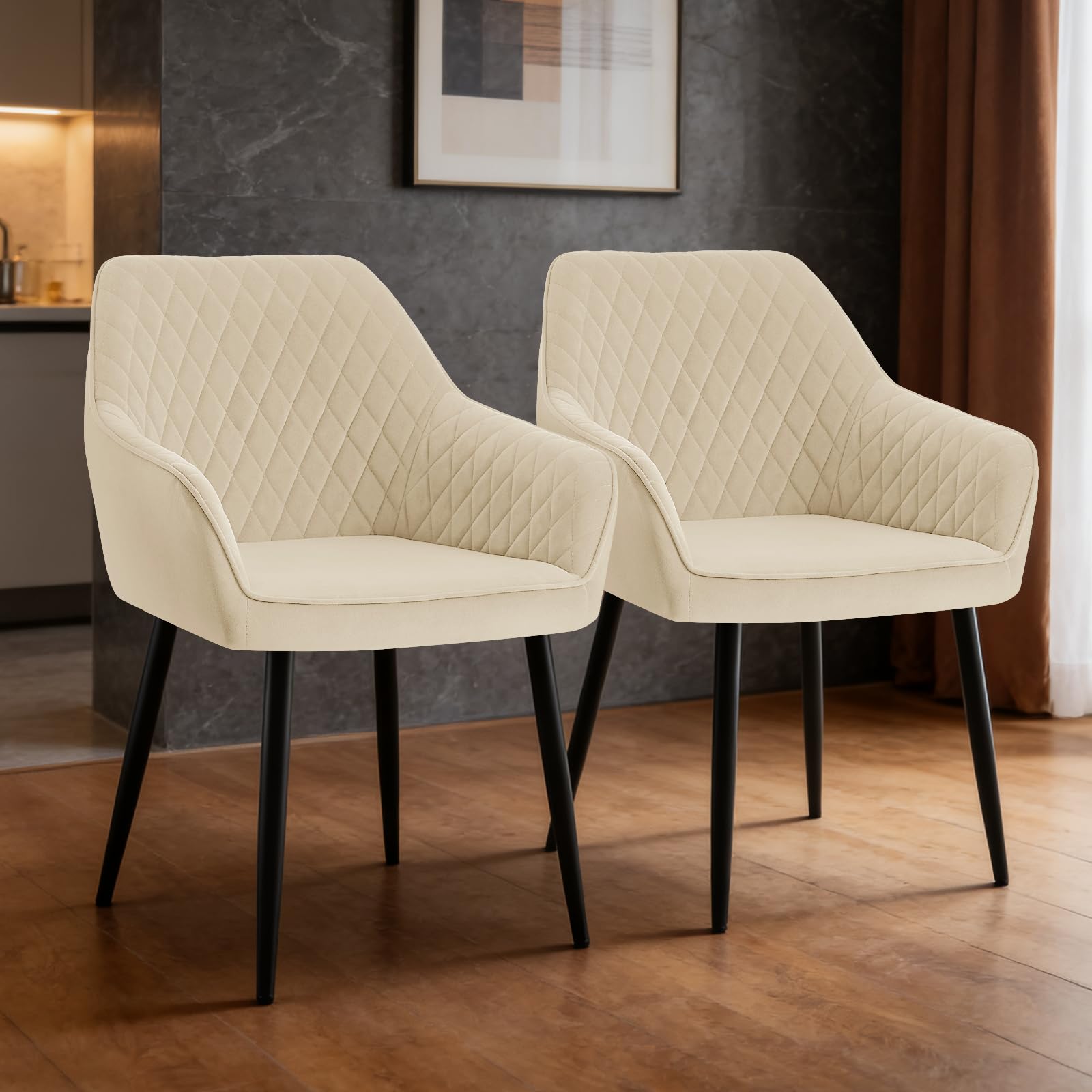 ZOONFA Modern Dining Chair Set of 2 Upholstered Velvet Kitchen Chair with Backrest Armrest Black Metal Legs Accent Chair for Kitchen Dining Room Office (Beige)