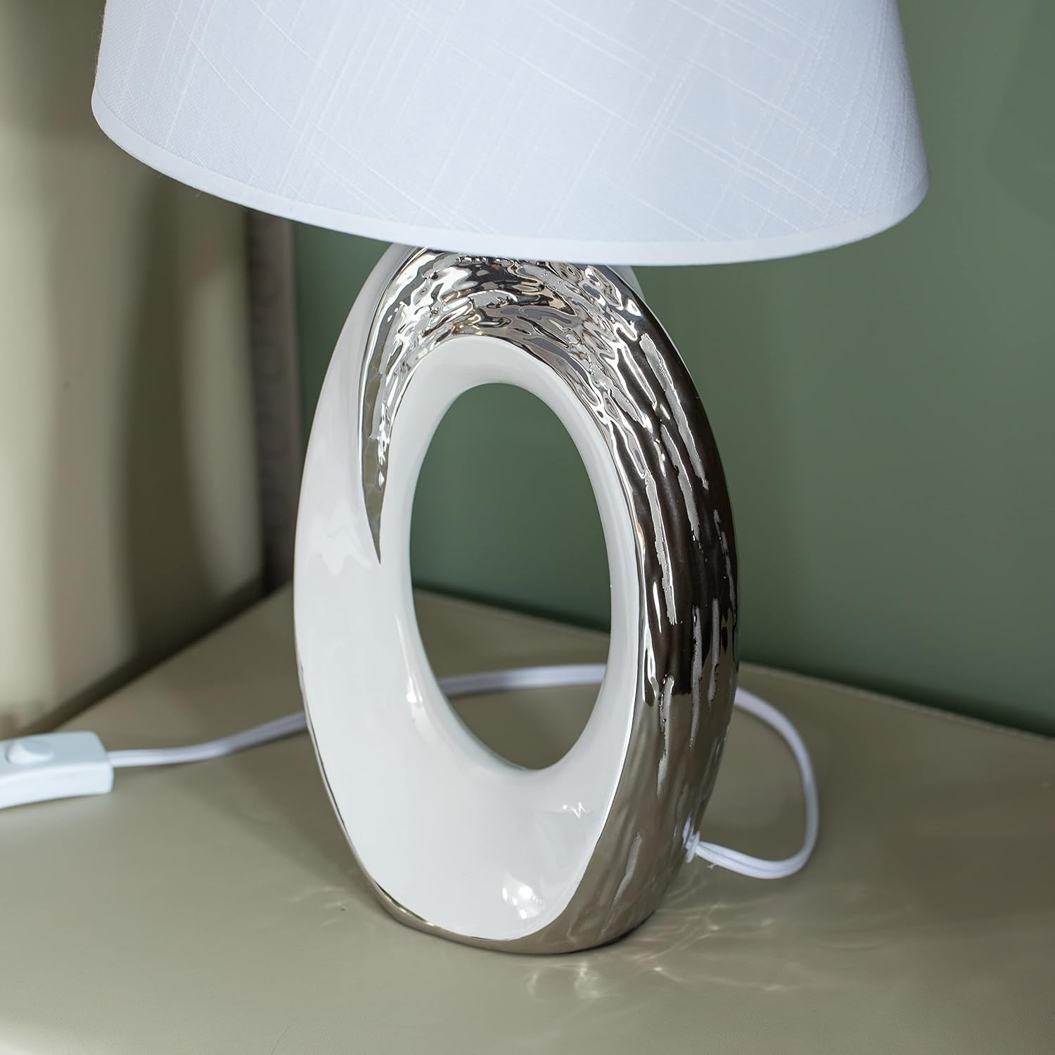 Quickway Imports Designer Table Lamps, Decorative Ceramic Table Lamp 19 inch, with Silver and White Oval Stand and White Cotton Lampshade, Unique Lamp for Home Decor Living Room or Bedroom,