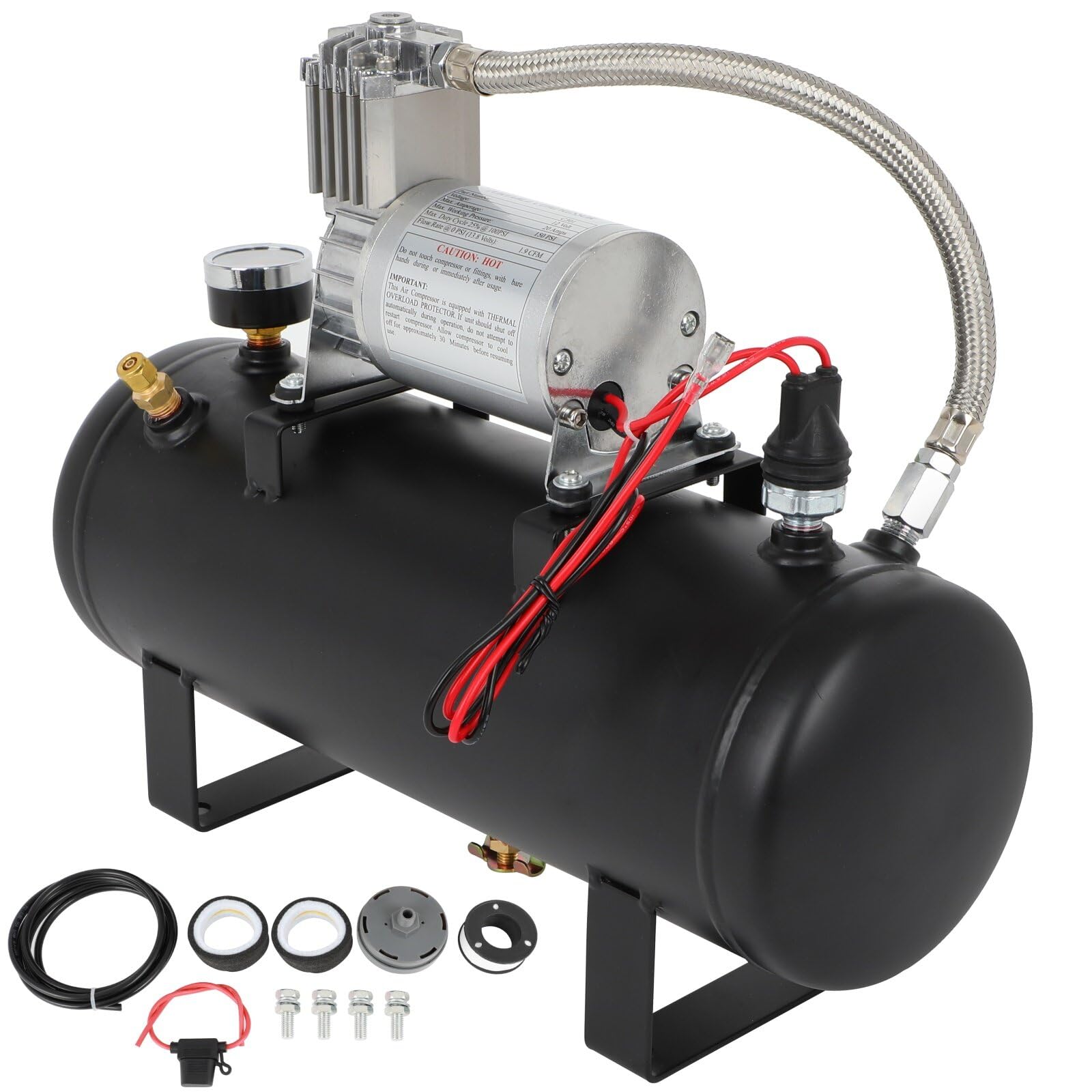 STAYTOP 1.5 Gallon Train Air Horn Tank with 150 PSI Air Compressor Onboard System Kit for Car Train Truck Horn