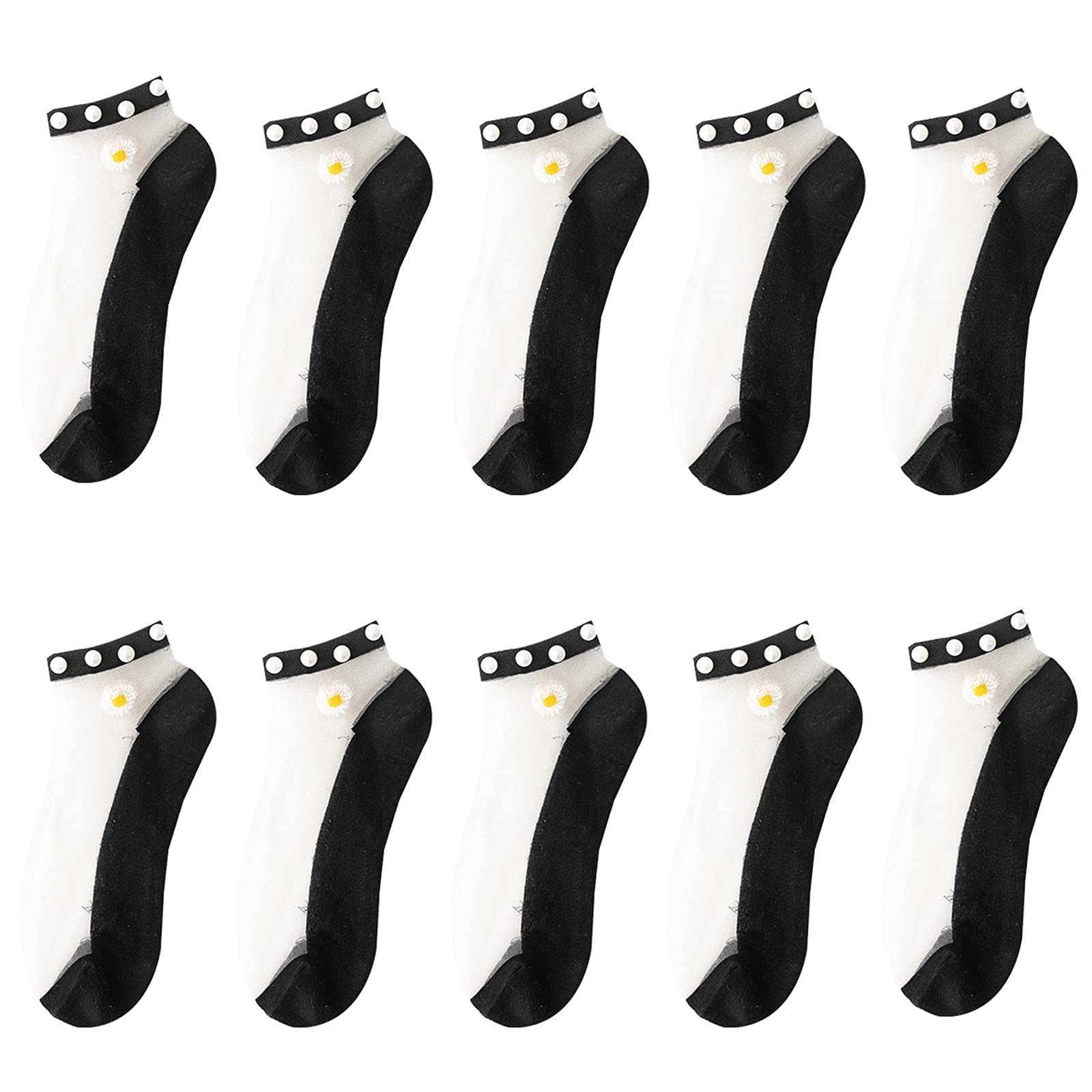 HHMY 10 Pairs of Fine Socks Women's Elegant Fine Stockings Short Mesh Socks Transparent Leisure Socks Plain Translucent Socks Breathable Women's Socks with Pearls Chrysanthemum