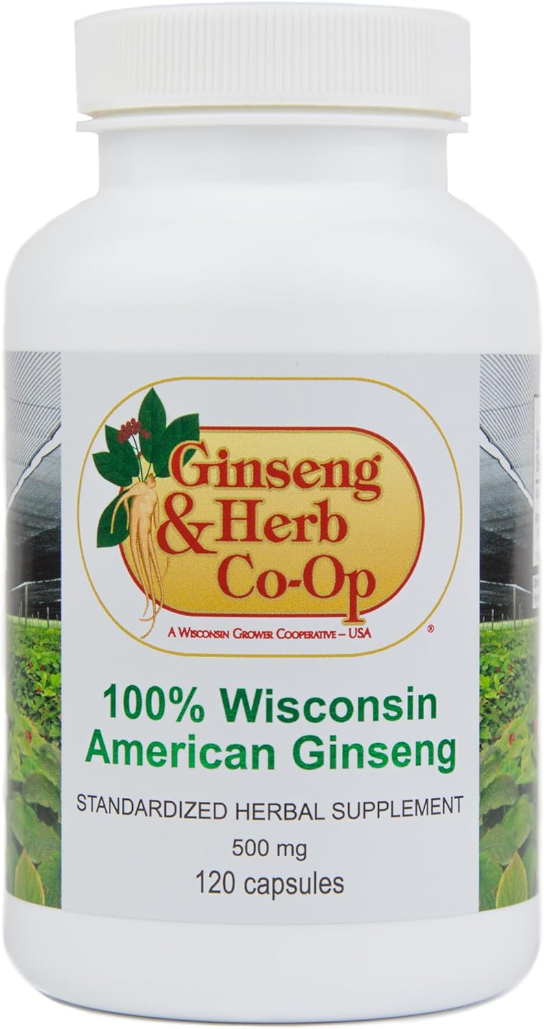 100% Pure Wisconsin American Ginseng Capsules - 500mg. Authentic Panax Quinquefolius. Potent Ground Ginseng Root - No Fillers, Binders or Other Additives. (120 Count)