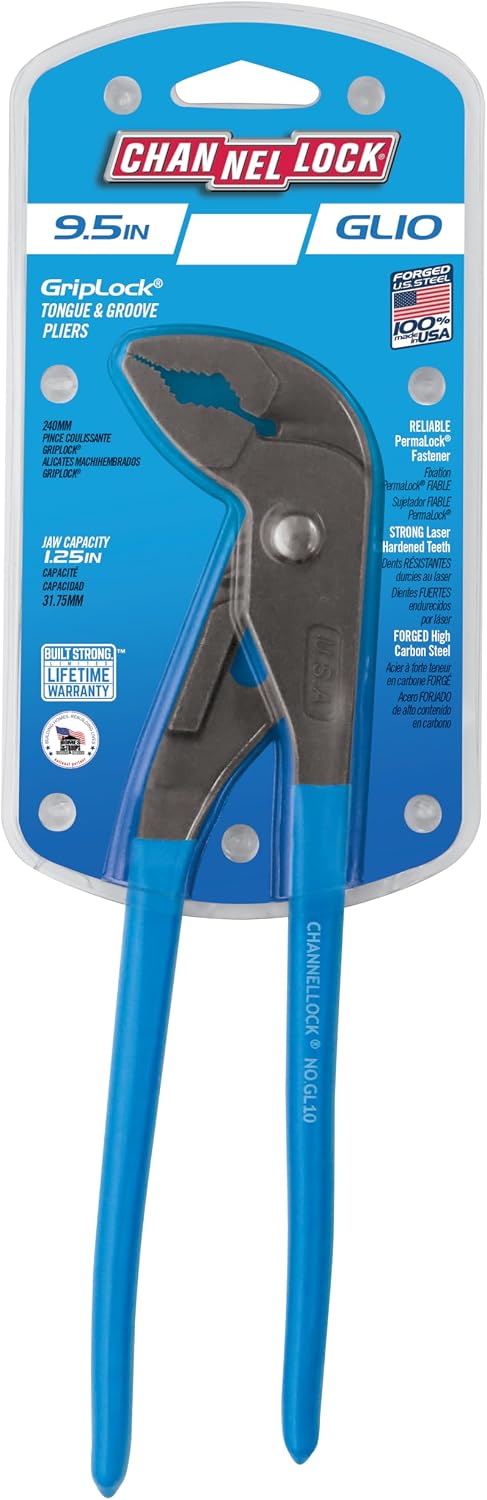 Channellock Tongue and Groove Plier GL10 GripLock - Lock Jaw Pliers, True Blue Grips - 9.5 In