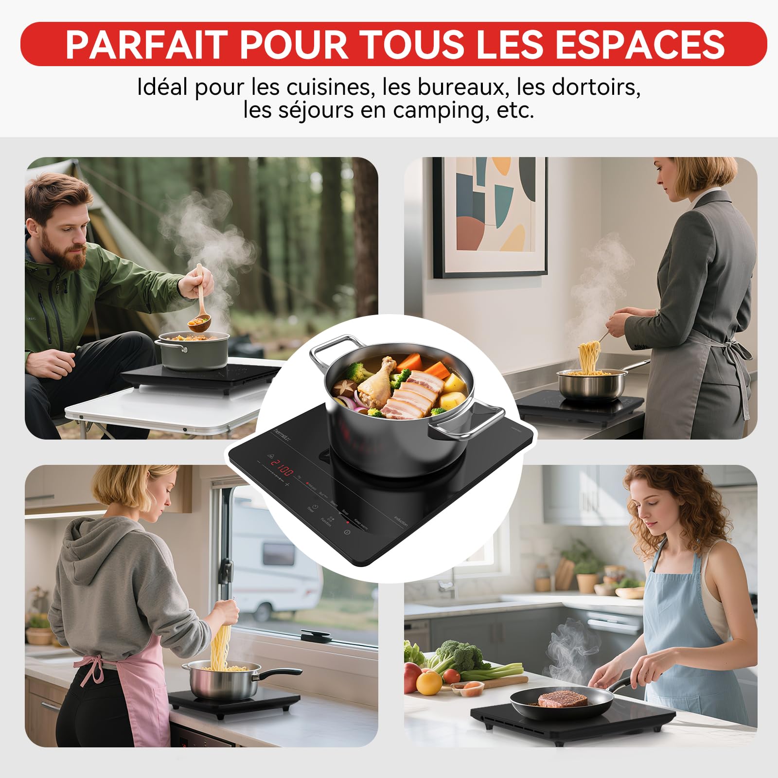 Hermitlux Plaque à Induction 1 Feu Portable 2100W 6 Programme 28CM Sécurité | 9 Puissances,Minuterie & Maintien au Chaud, Taille Compacte pour Cuisine, Bureau