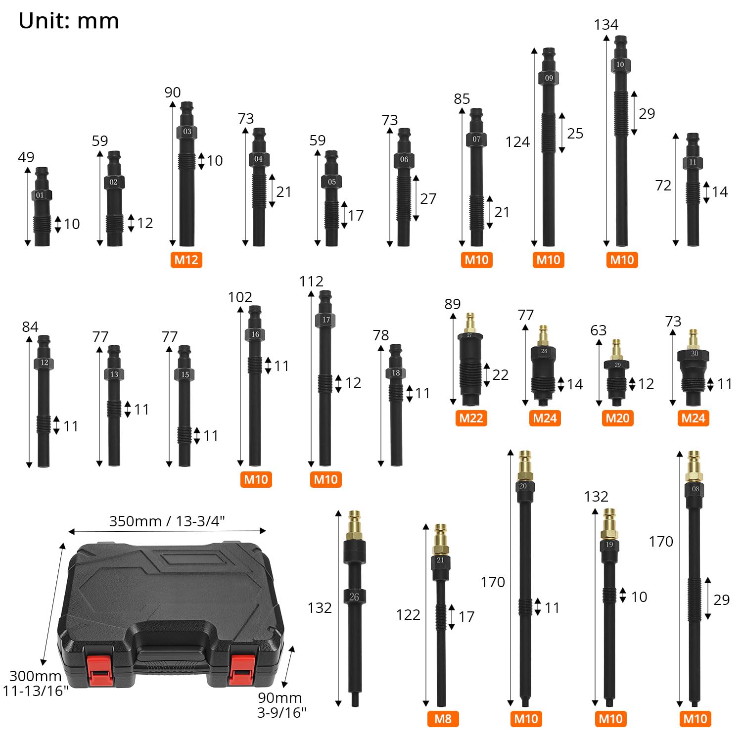 QWORK® 46 piezas juego de comprobador de compresión y pérdida de presión - 0-50 bar/0-725 psi para motores diésel y gasolina, M8, M10, M12, M20, M22, M24