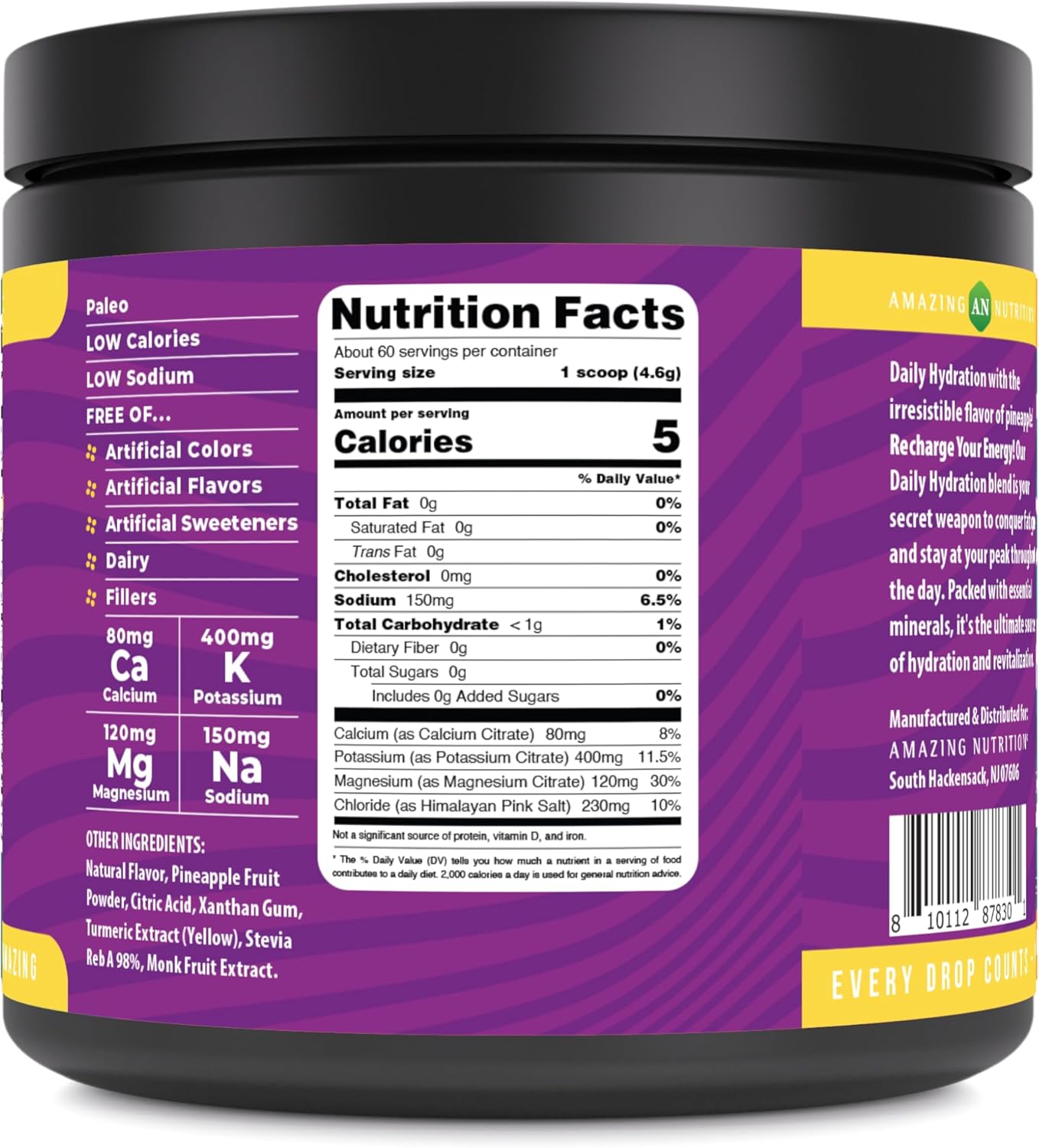 Amazing Nutrition Daily Hydration, Electrolyte Powder 30 Servings | Packed with Essential Minerals | Sugar-Free | Keto Friendly | Non-GMO | Gluten-Free (60 Servings | Natural Pineapple)
