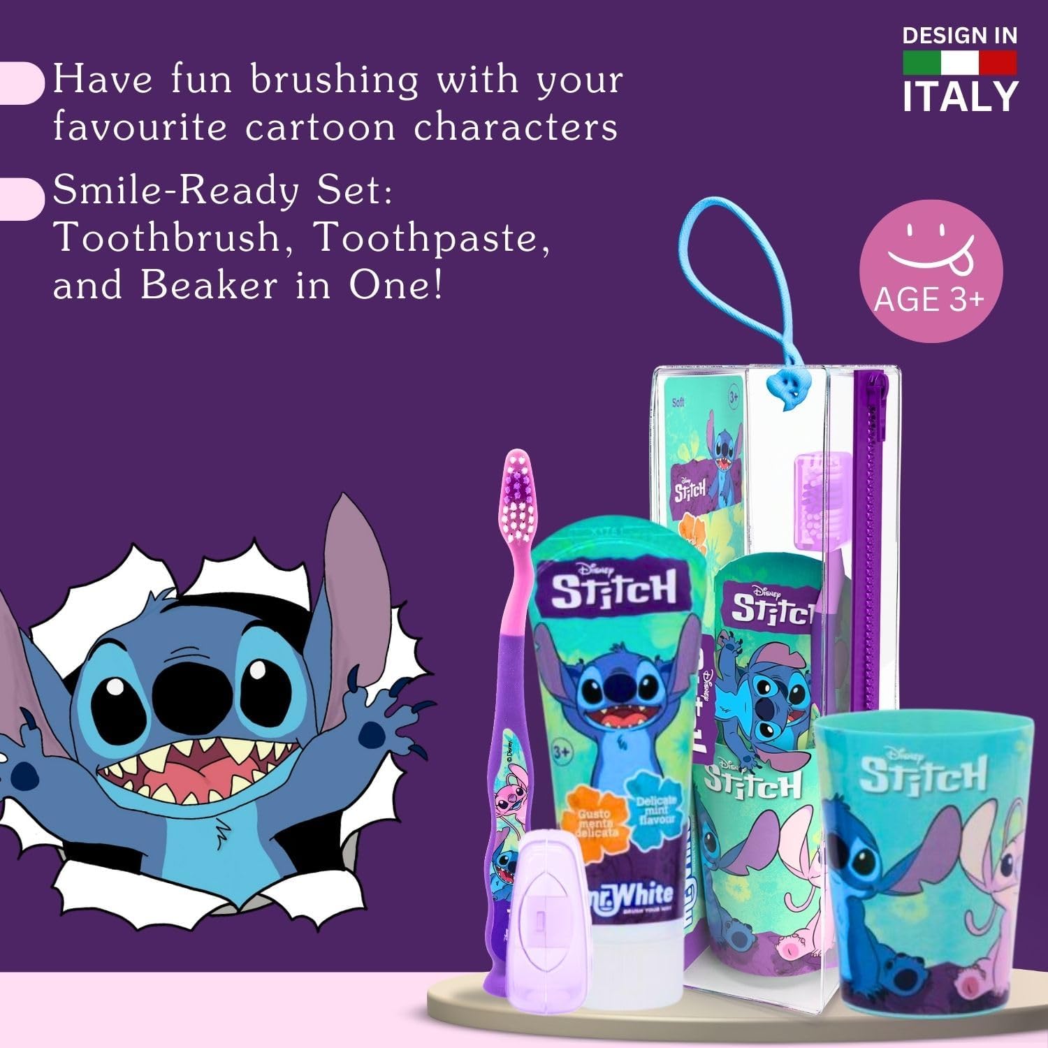 Disney Stitch Kids Toothbrush Set with Protective Lid, Suction Cup and Soft Bristles, Mint Flavored Toothpaste and Multipurpose Tumbler for Kids Ages 3 and Up