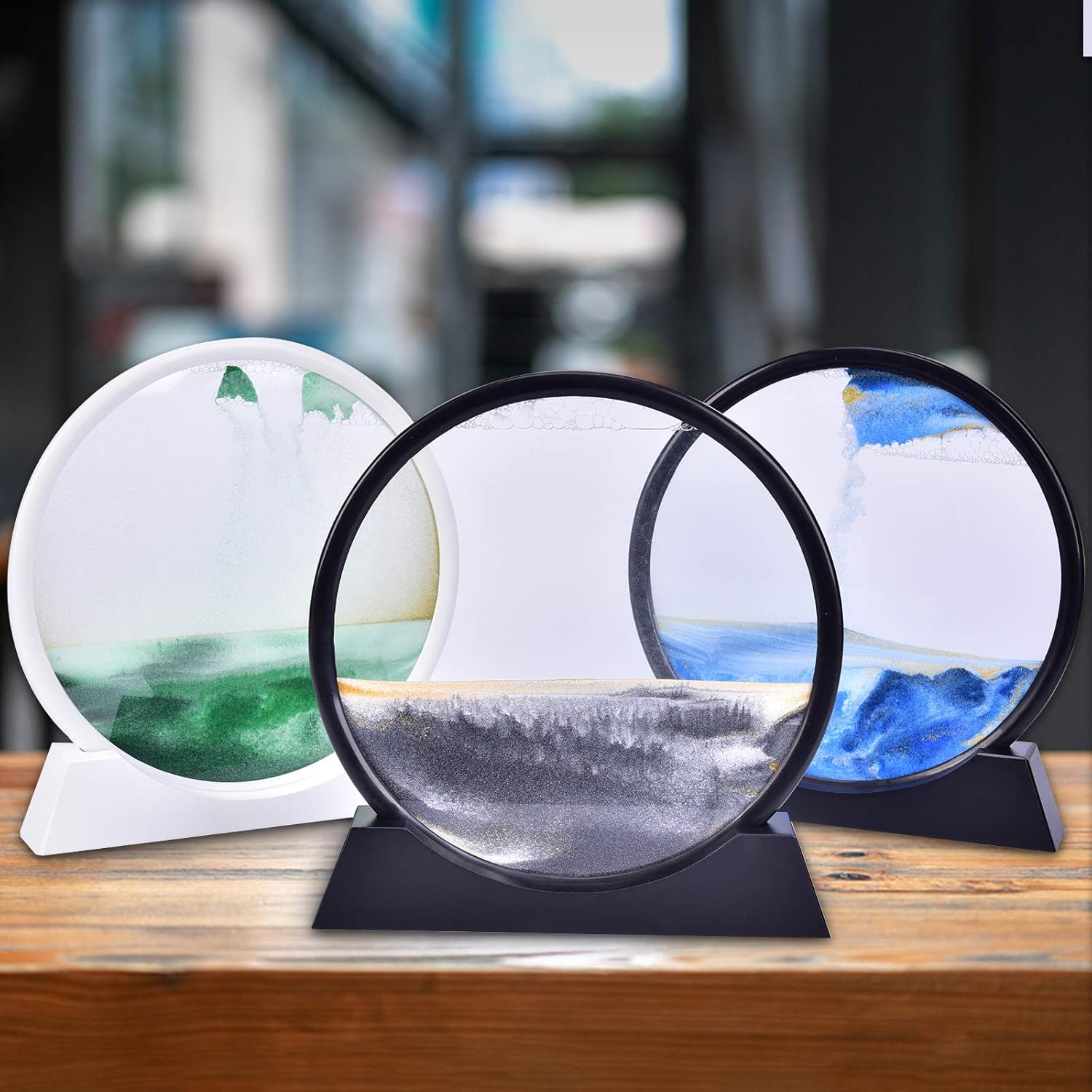 SNNplapla Moving Sand Art Picture Sand Art Liquid Motion Round Glass 3D Deep Sea Sandscape in Motion Display Flowing Sand Frame Desktop Art Bookshelves Home Office Decoration (7in, Blue)
