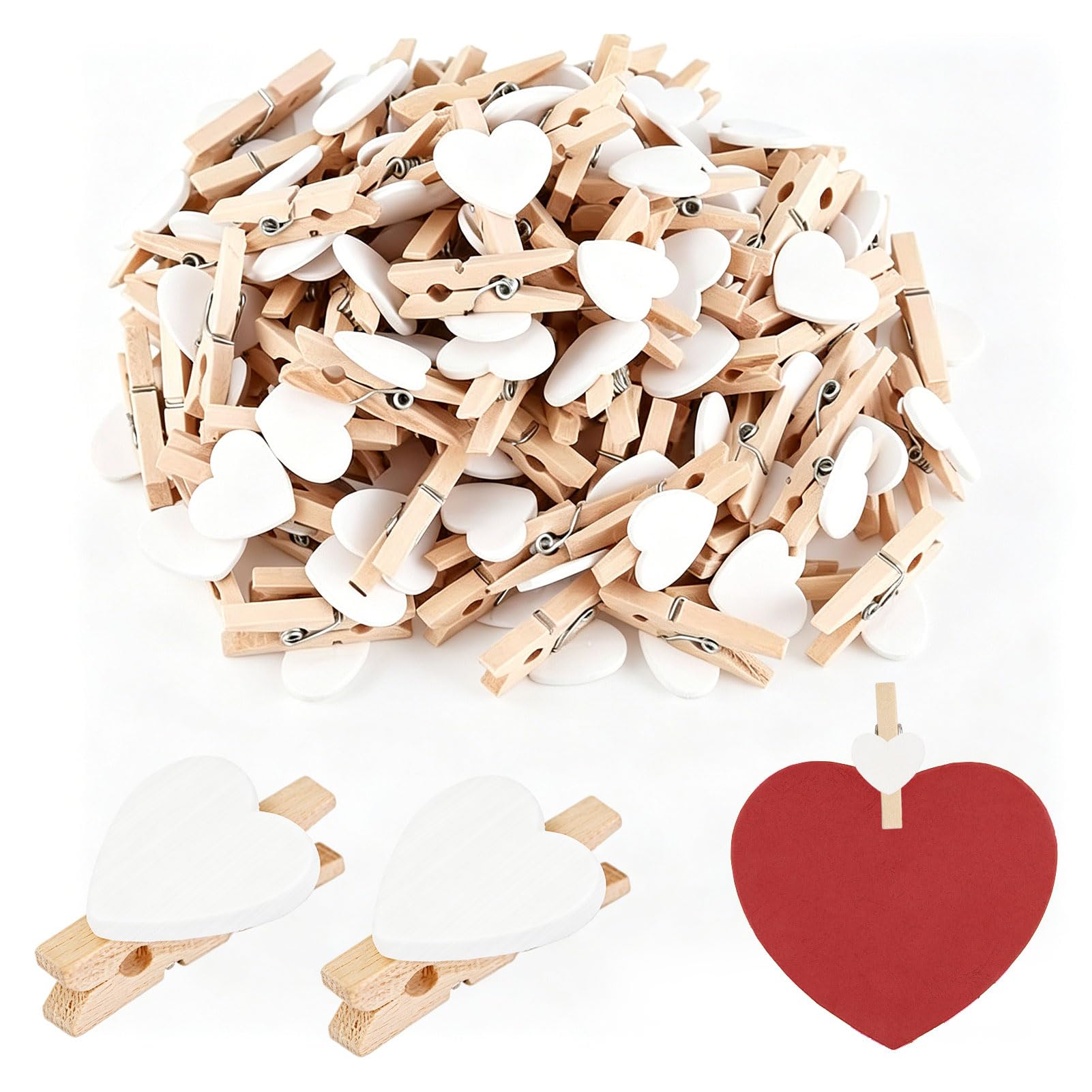 Lilyphon Mini Pegs For Photos, Mini Wooden Pegs, Heart Photo Clips For DIY Crafts, 100PCS White 3cm Wooden Clips For Home Decor And Photo Displays
