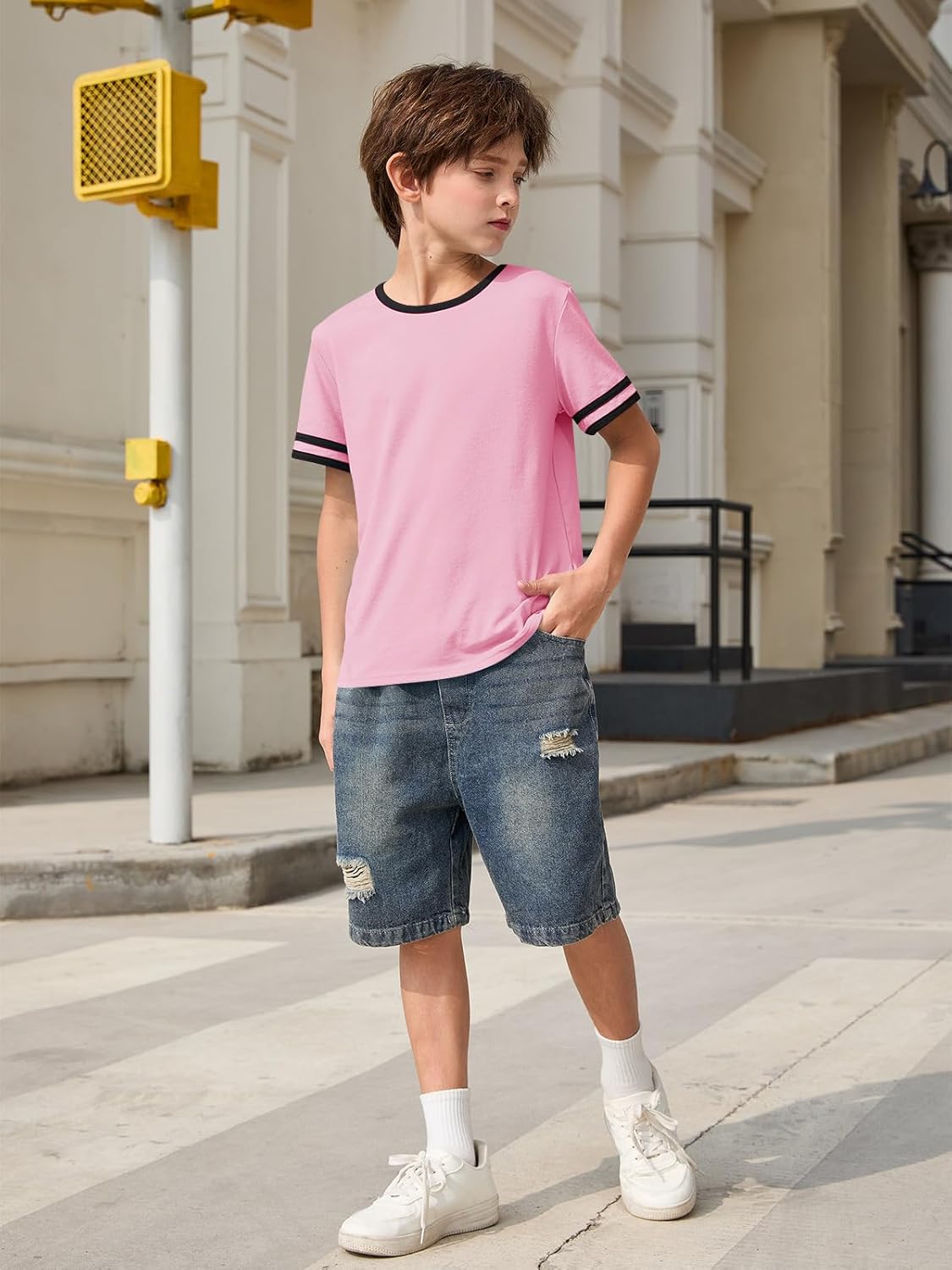 Haloumoning Boys Short Sleeve T Shirts Kids Summer Crewneck Color Block Tops Fashion Tees 5-14 Years - Image 4