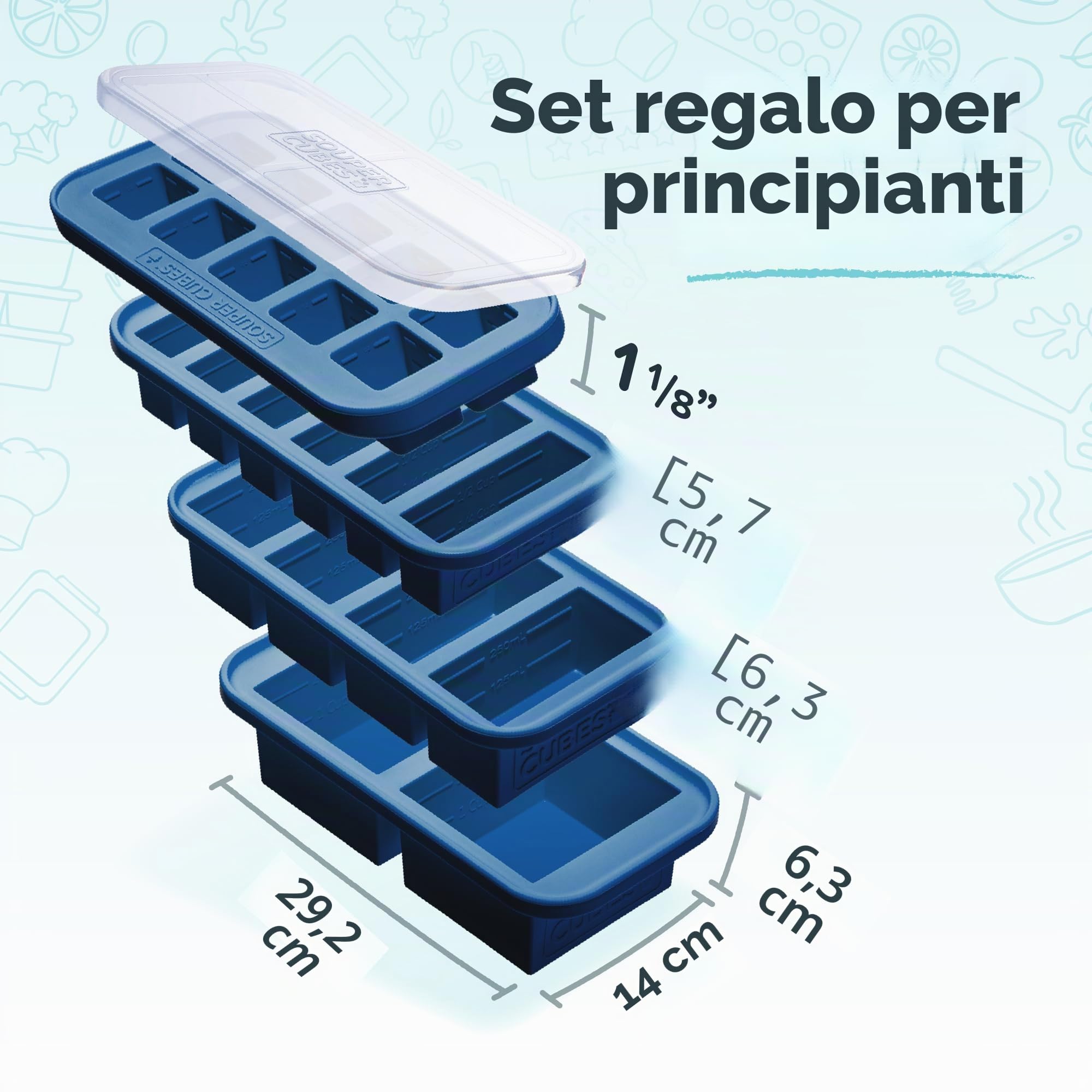Souper Cubes Set regalo di stampi per congelatore in silicone con 2 cucchiai, 1/2, 1 e 2 tazze, vassoi per congelatore in silicone con coperchio, set di accessori per la preparazione dei pasti e