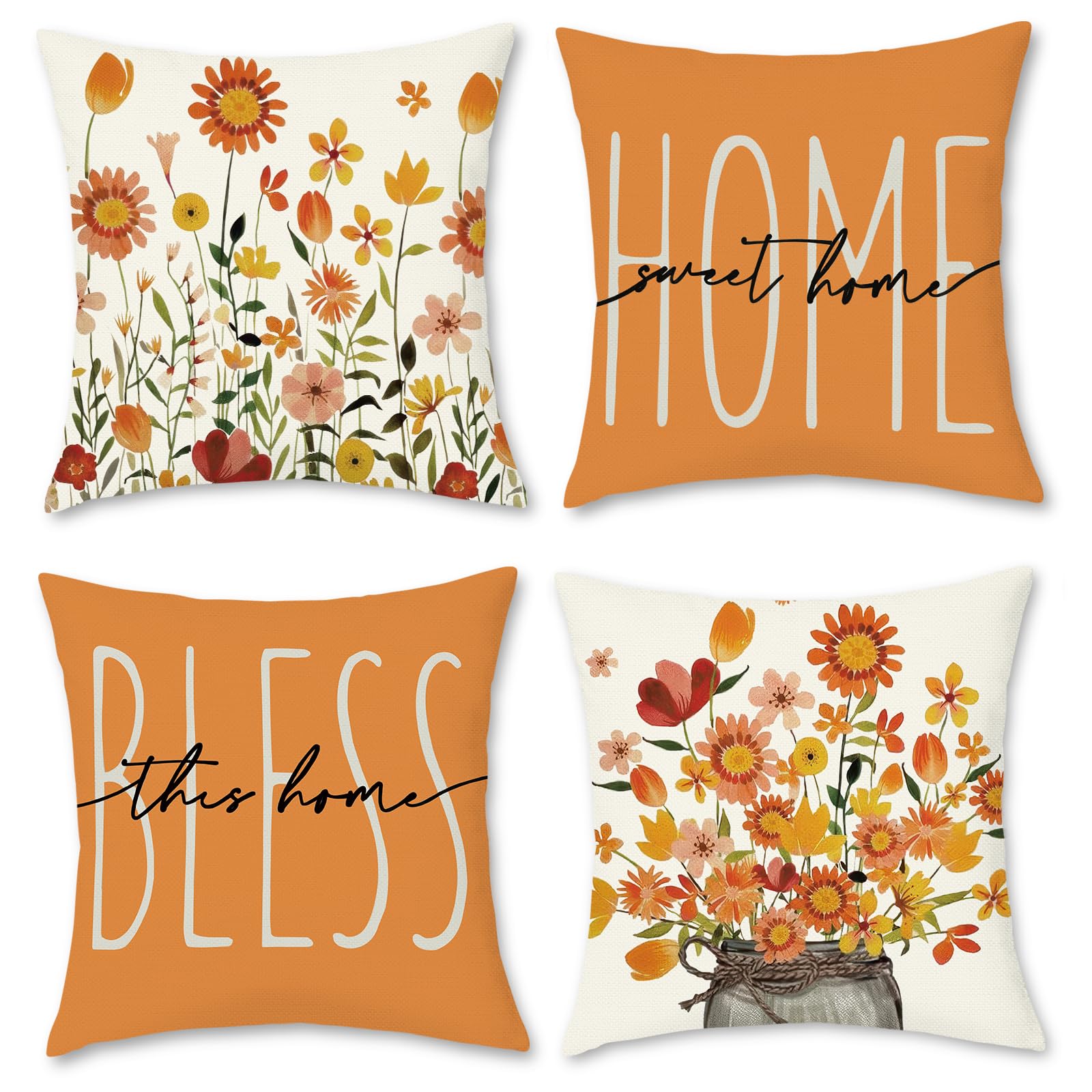 Hopomoon Cushions 40 x 40 Set of 4 Decorative Cushions Floral and Botanical Cushion Covers Spring-Summer Cushion Sofa Bedroom Outdoor Orange