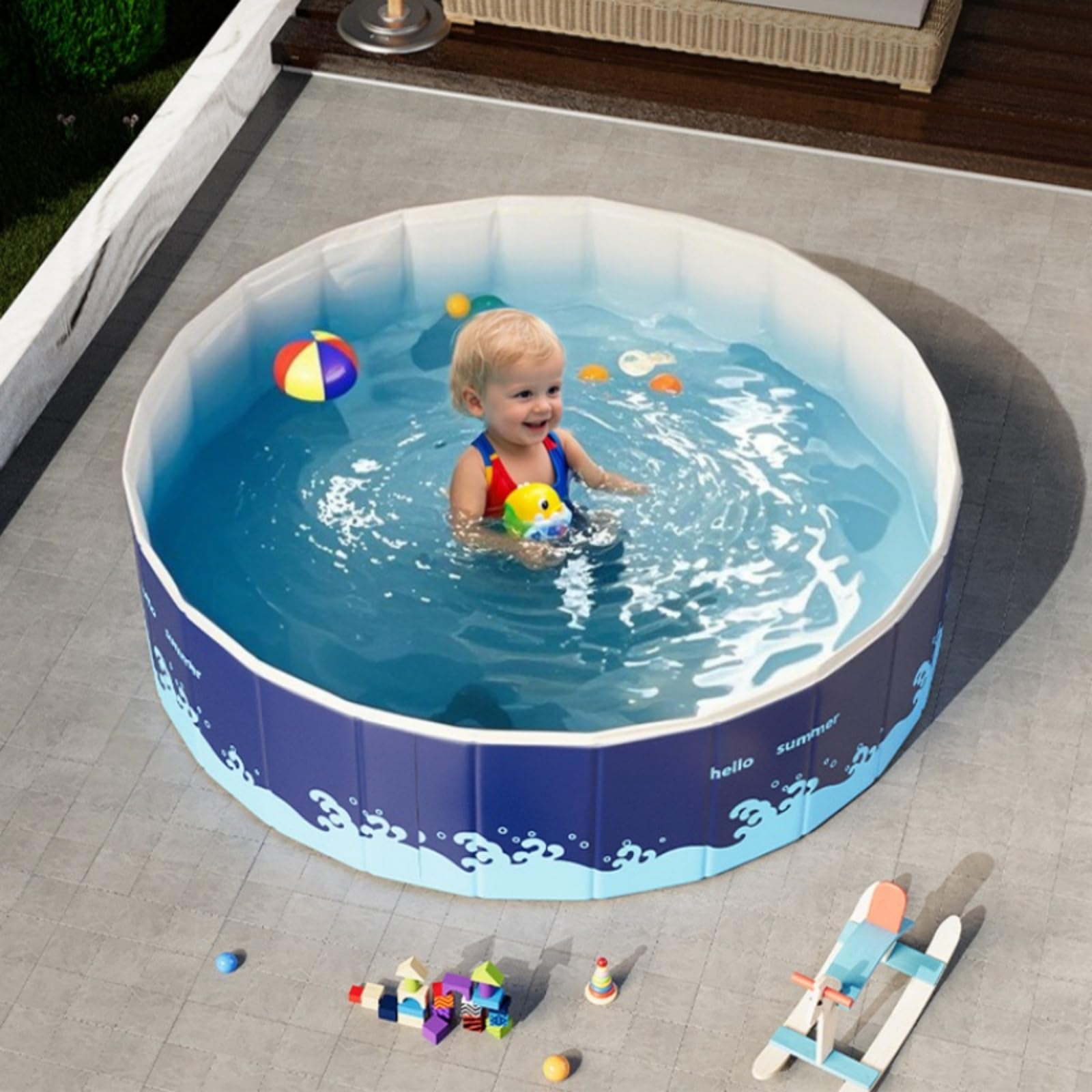 Piscina Plegable Sin Hinchado para Niños y Perros Grandes - PVC 5-Capas Ultra-Resistente, No Inflable/Sin Montaje, Fácil Limpiar y Almacenar para Jardín/Patio (Azul, 150 * 48cm)