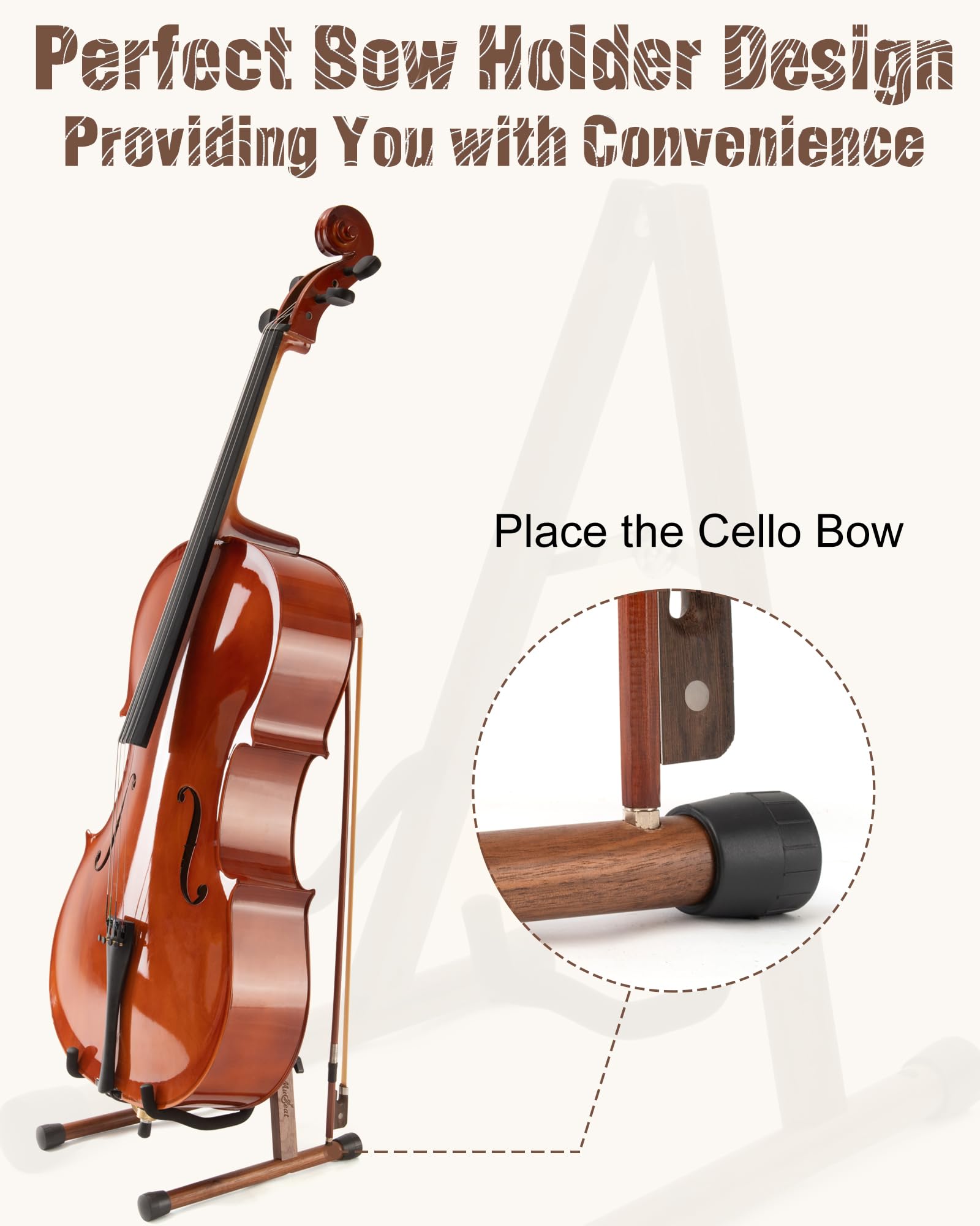 Supporto per Violoncello a Forma di A con Porta Arco, Stabile e Sicuro, in Noce con Schiuma Imbottita per Violoncelli 1/2, 3/4, 7/8 e 4/4, adatto anche per Chitarra