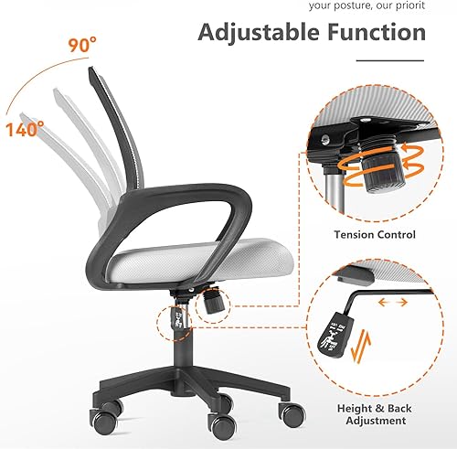 Miniatura 4 de Silla de oficina en casa, silla de escritorio ergonómica de malla con respaldo medio con soporte lumbar, diseño giratorio ajustable, cómodo