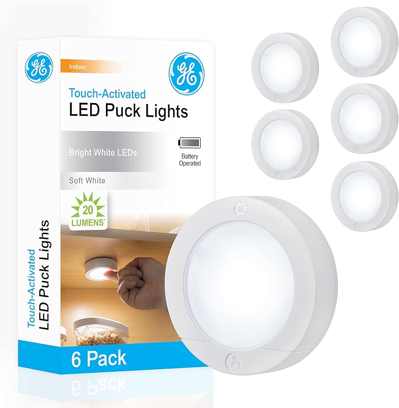 GE Battery Powered Puck Lights, Touch On/Off, 20 Lumens, 6 Pack | Under Cabinet Lights for Kitchen, Closet, and Pantry, AAA Battery Operated, Wireless Installation