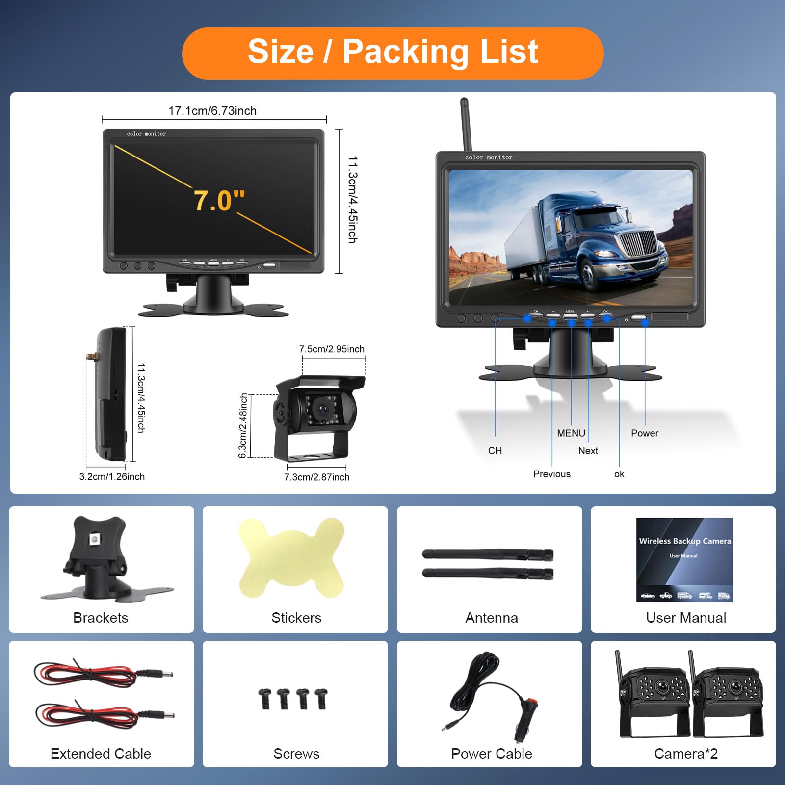 VECHTEL Kit Telecamera Posteriore IPS HD 7 Pollici senza Fili con 2 Telecamere, Telecamera Retromarcia Auto con BSD Impermeabile IP68 Visione Notturna Supergrandangolo per 12-36V Camion Camper Furgoni
