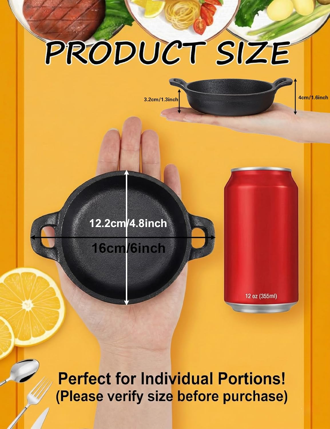 Mini Cast Iron Skillets Set of 6, 4.8 x 4.8 x 1.3 Inch Small Cast Iron Pan with Handle, Mini Ramekins Round Black Casserole Dish Cookware Small Skillets for Serving Food Frying Baking Cooking Roasting