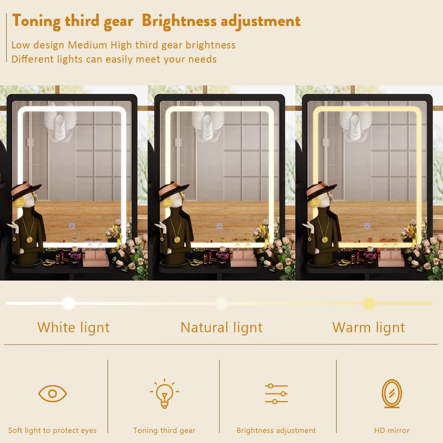 Black Vanity Set with Mirror, Makeup Vanity Dressing Table with Lighted Mirror, 5 Drawers, Shelves, Dresser Desk and Cushioned Stool Set