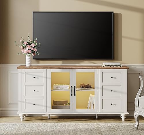 WAMPAT Soporte de TV con luz LED de granja para televisores de hasta 75 pulgadas, soporte universal de TV de vidrio y madera con 4 puertas de