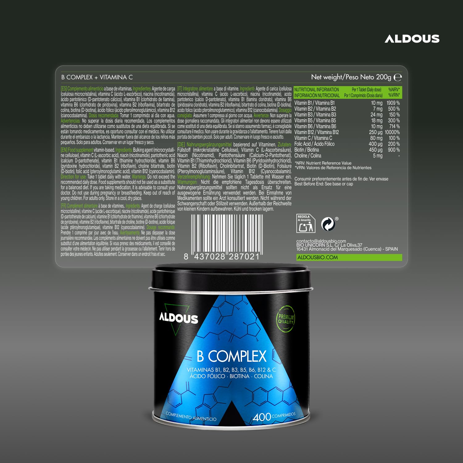 Vitamine B Complex + Vitamine C - 400 comprimés pour plus d'un an - Multivitamines - Complexe Vitamine B avec Vitamine B12, B1, B2, B3, B5, B6, Acide Folique, Biotine, Choline - Vegan - ALDOUS