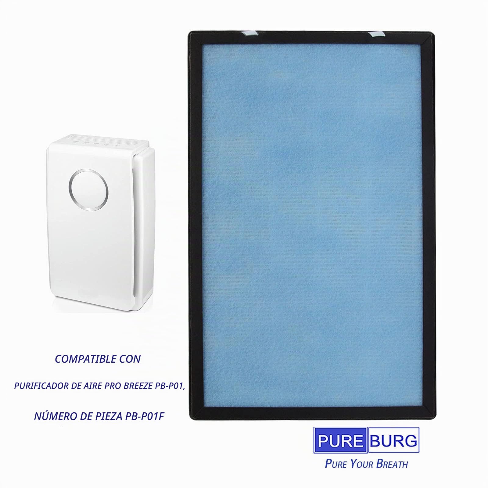 PUREBURG - Filtro de repuesto compatible con el purificador de aire Pro Breeze PB-P01, filtro PB-P01F, paquete de 2 unidades, H13 True HEPA con carbón activado, sistema de filtración de 4 etapas para