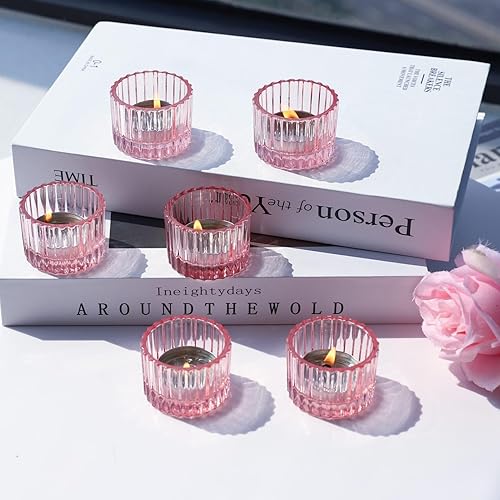 Miniatura 2 de VOHO Portavelas rosas para regalos de cumpleaños de niña, 12 portavelas para decoración de mesa de centro de mesa, portavelas de vidrio para velas