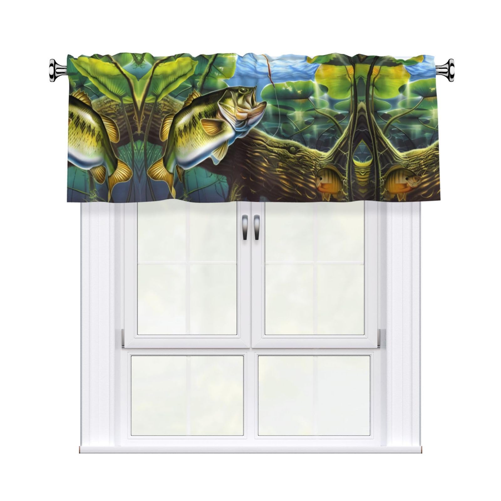 HJFCZH WHJSSF Bass fish Prints 54x18in Curtain Valance - Peach Skin Polyester Kitchen Cover with Light Filtering Floral & 3" Rod Pocket