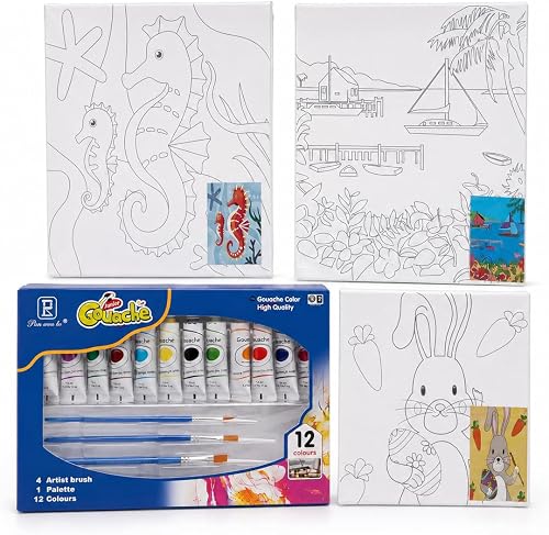 12PCS Gouache Canvas Painting Kit for Kids, DIY Art Set with Pre-Drawn Canvases & Brushes