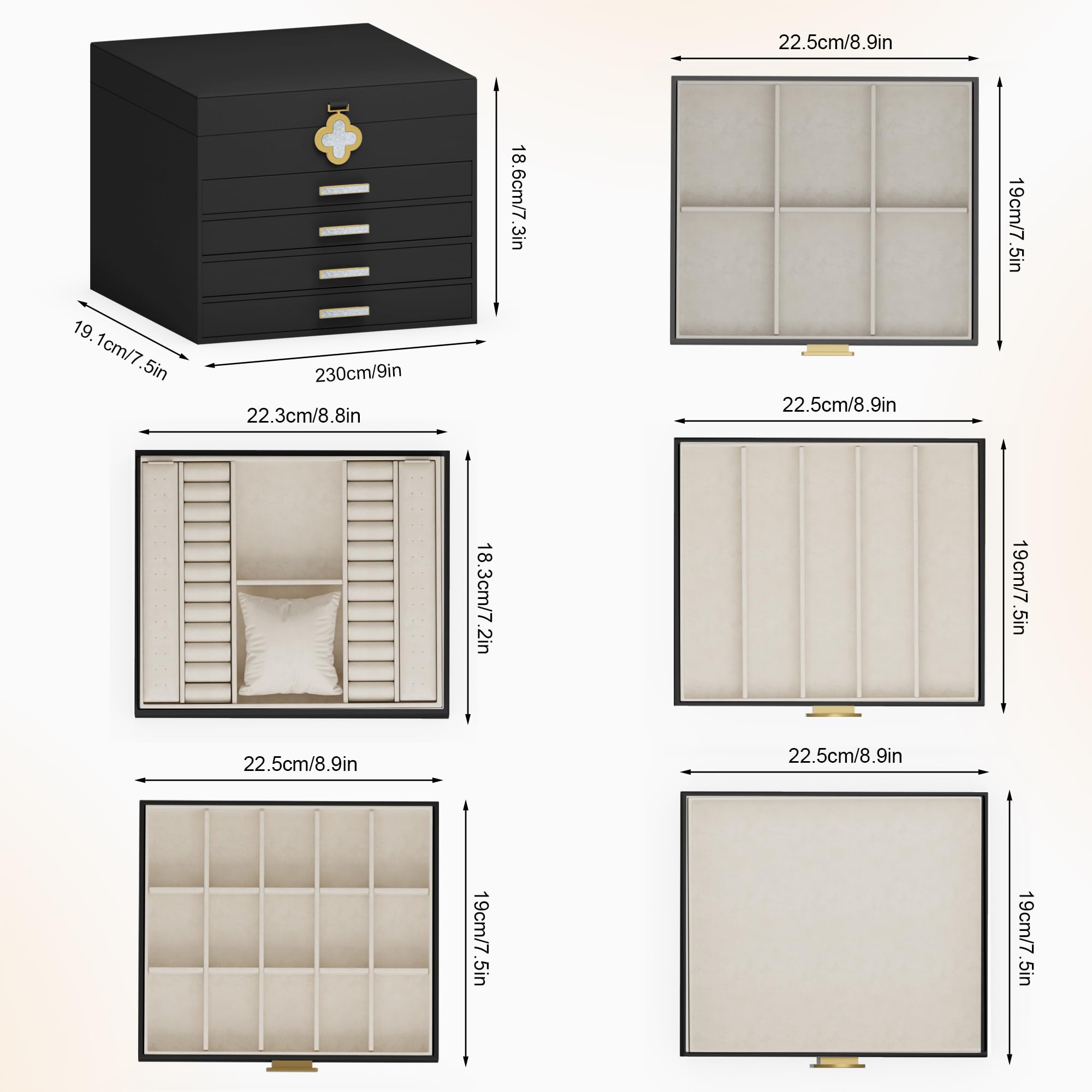 ADEL DREAM Portagioie a 5 ripiani con bottone a forma di quadrifoglio, con vassoio estraibile, con grande specchio, scomparti regolabili fai da te, per mamme e ragazze, colore nero