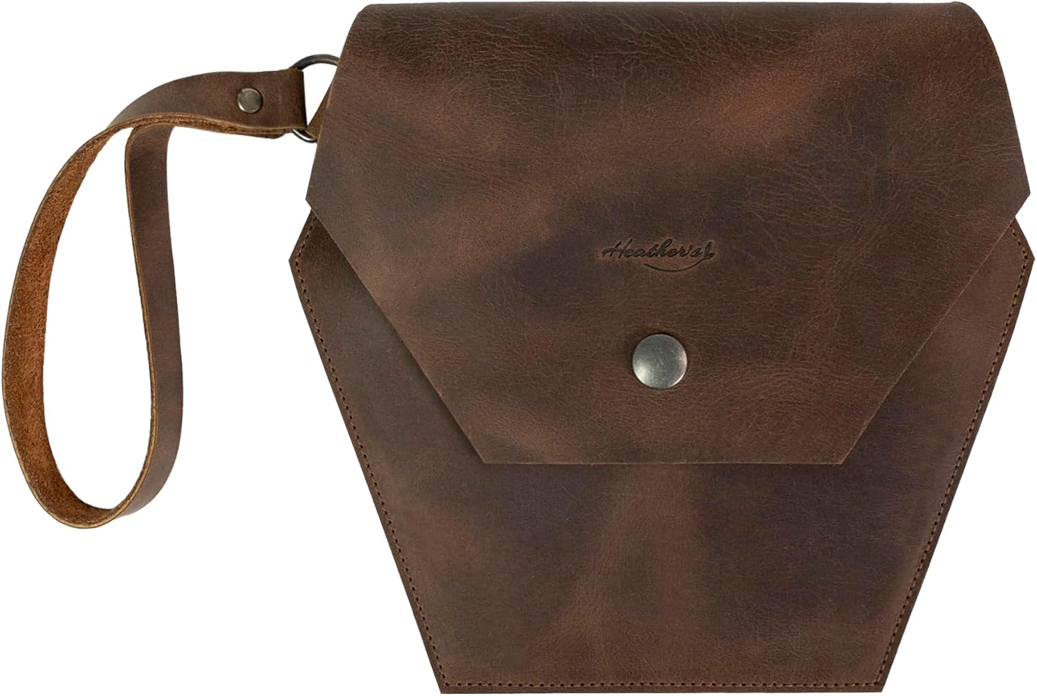 Heather's, Hexagonal Shaped Clutch Bag with Wristlet for Women, Travel Handbag with Card Slot, Handmade, Full Grain Leather, Bourbon Brown