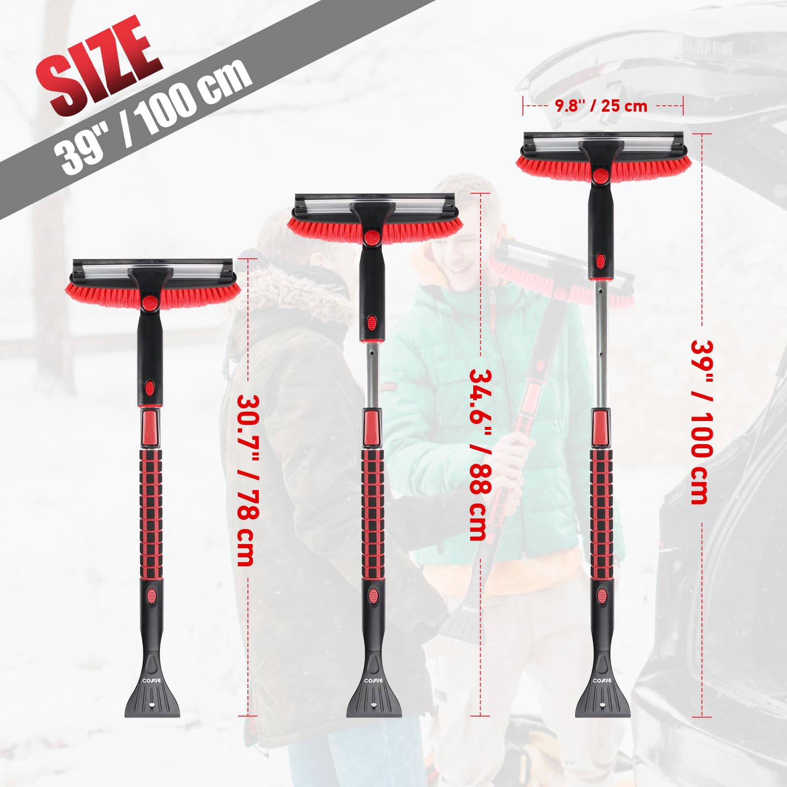 COFIT 3 en 1 Cepillo de Nieve y Rascadores Hielo con Telescopico Mango, 100cm Rasqueta Vitroceramica Parabrisas, Herramienta Quitar Sin Arañazos para Autocaravanas Camion SUV Exterior Limpieza, Rojo