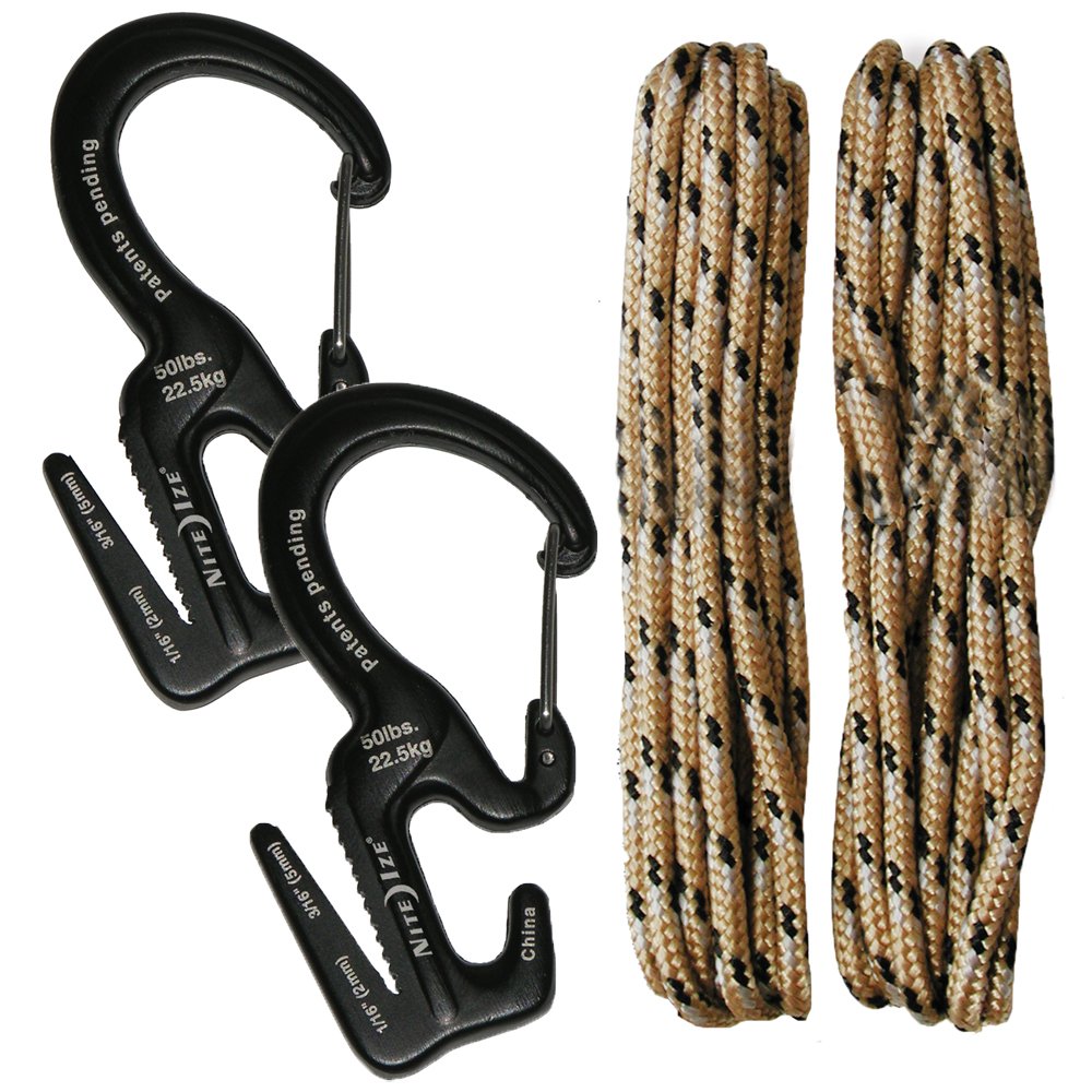 Nite Ize Small Figure 9 Carabiner with Rope - Rope Tightener with Carabiner Clip, Black, Two-Pack