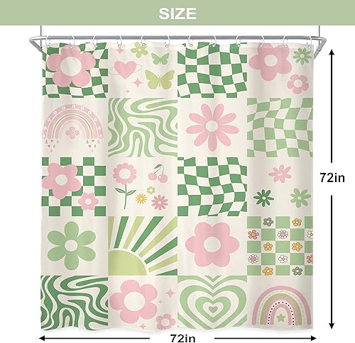 Miniatura 5 de Cortina de ducha retro con diseño de flores verdes y rosadas, 72 pulgadas de ancho x 72 pulgadas de alto, abstracto, danés, pastel, a cuadros, arco
