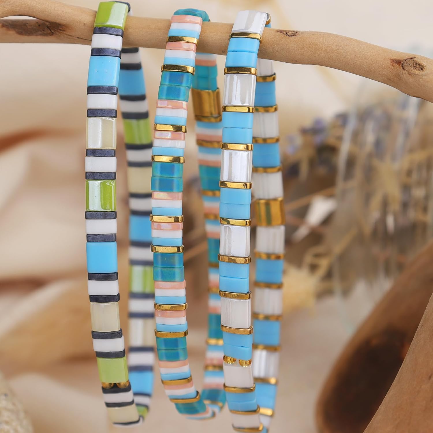 Tila Flat Beaded Stretch Bracelets for Women, Trendy Unique Handmade Stackable Green Blue Square Beads Miyuk Link Bracelet Summer Jewelry Gift - Image 6