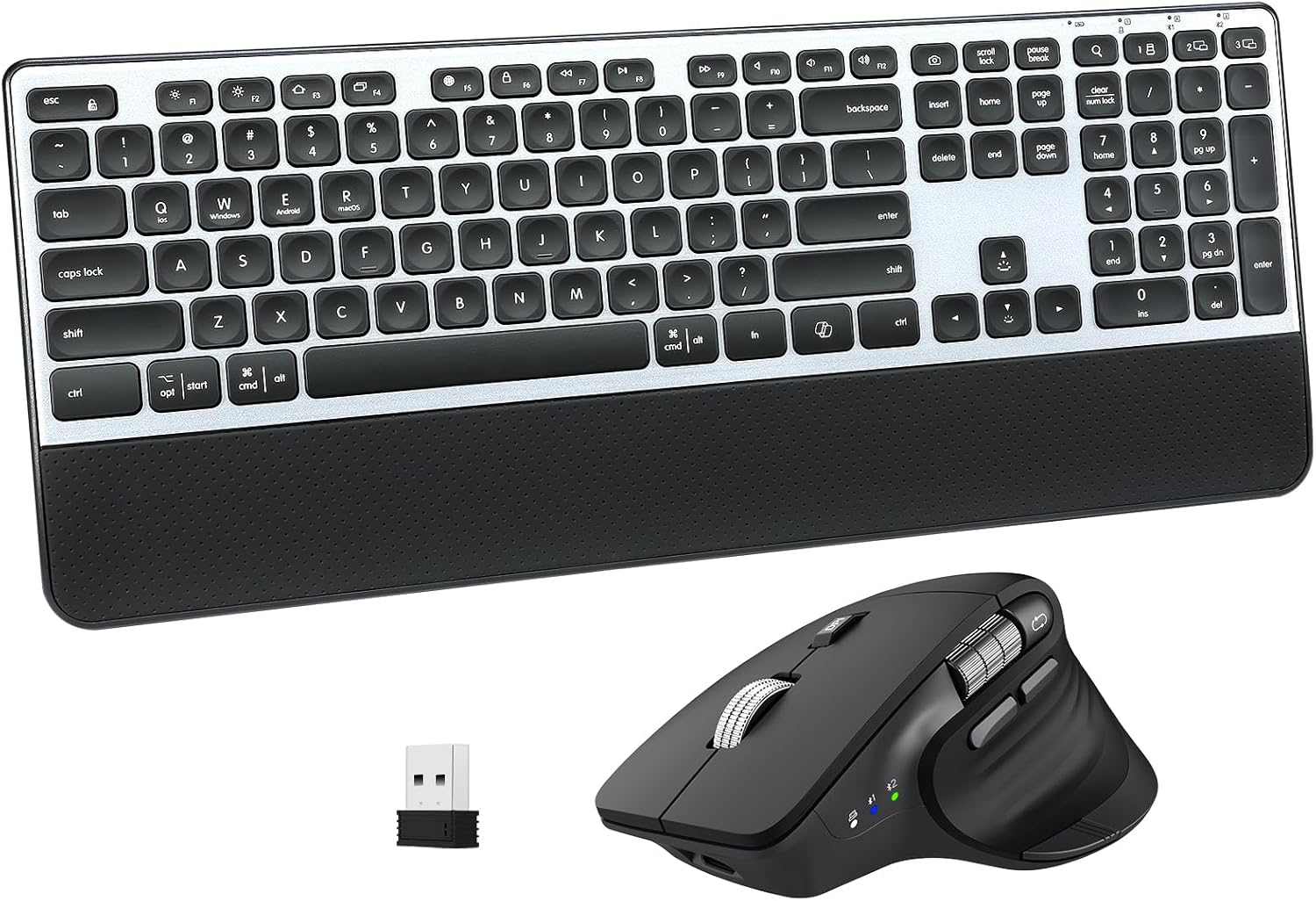 Wireless Keyboard and Mouse Combo, 2-in-1 USB Receiver & Dual Bluetooth, Scissor-Switch Keys, Smart Flying Scroll for Windows, Mac, Linux, Chrome – Ideal for Office & Students (US Layout)
