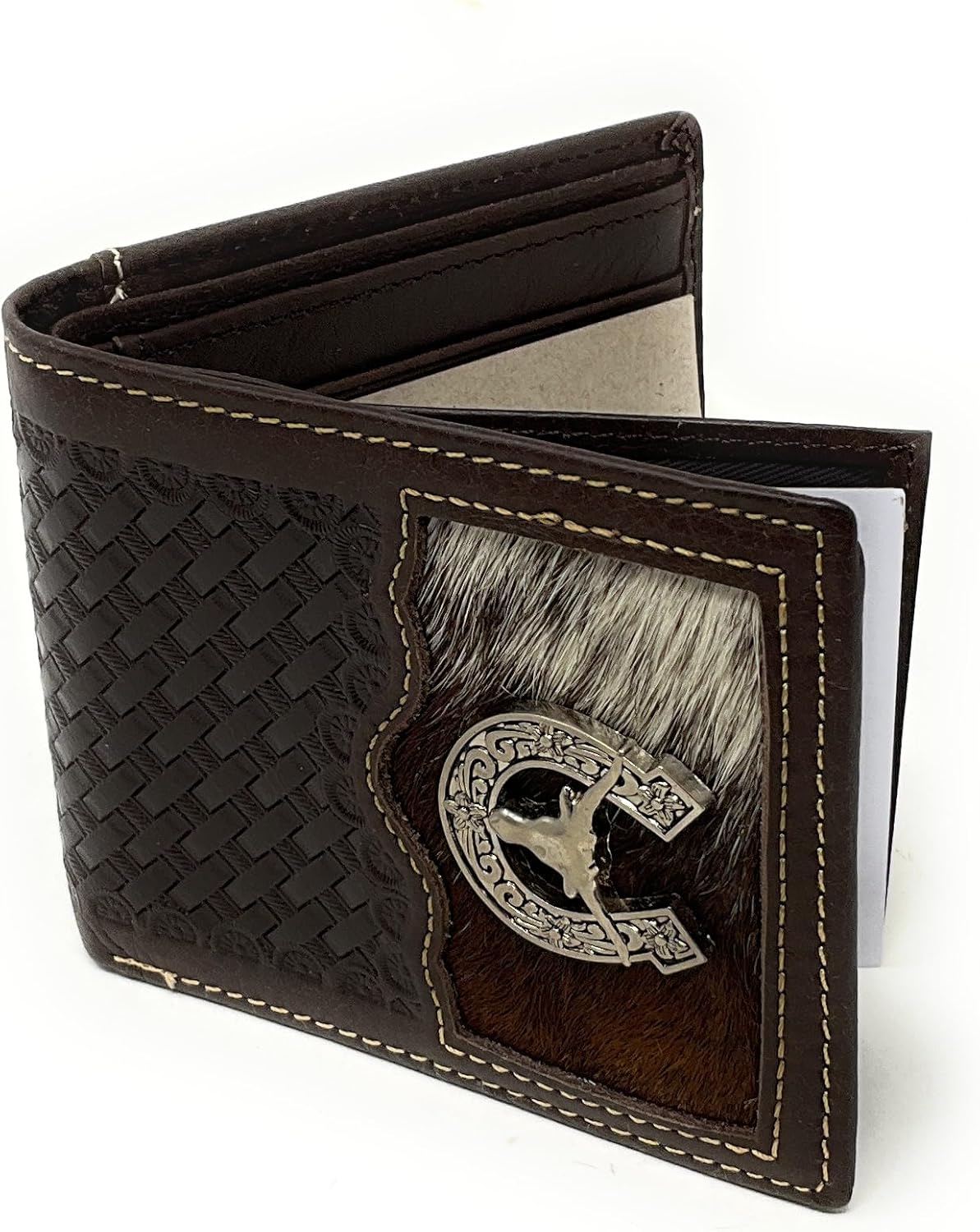 Texas West Western Genuine Leather Cowhide Cow Fur Longhorn Basketweave Mens Bifold Short Wallet in 2 colors