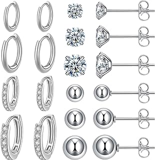Surgical Steel Earrings Sets for Multiple Piercing Lightweight Small Huggie Hoop Earrings CZ Stud Earrings for Women Trendy Cartilage Hypoallergenic