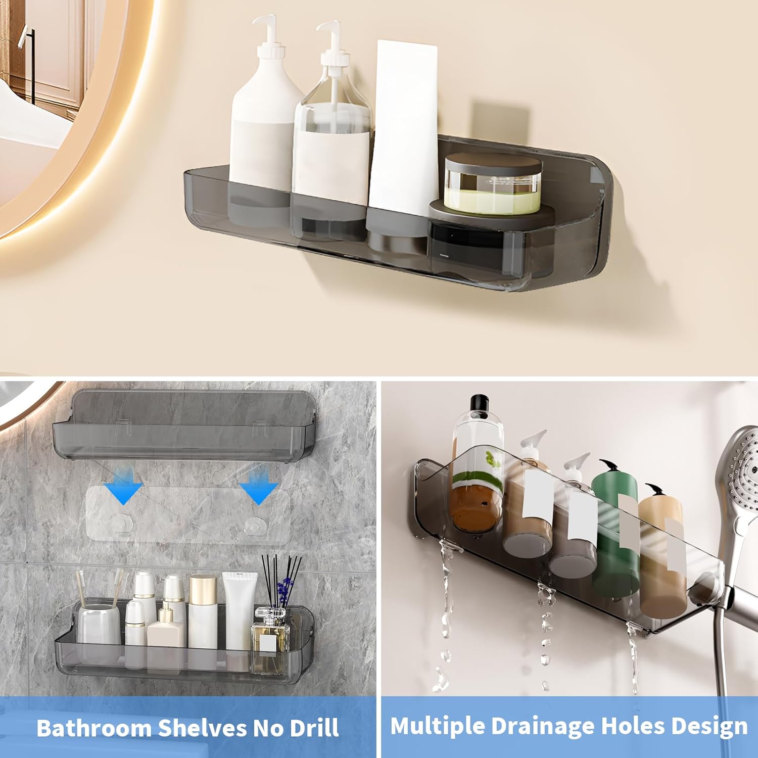 Diesisa 2pc Acrylic Wall Mounted Shower Caddy, Adhesive Shelf, Bathroom Shelves for Wall, Self Adhesive Organizer, No Drilling Hang Walls, for Bathroom, Kitchen, Living Room thumbnail