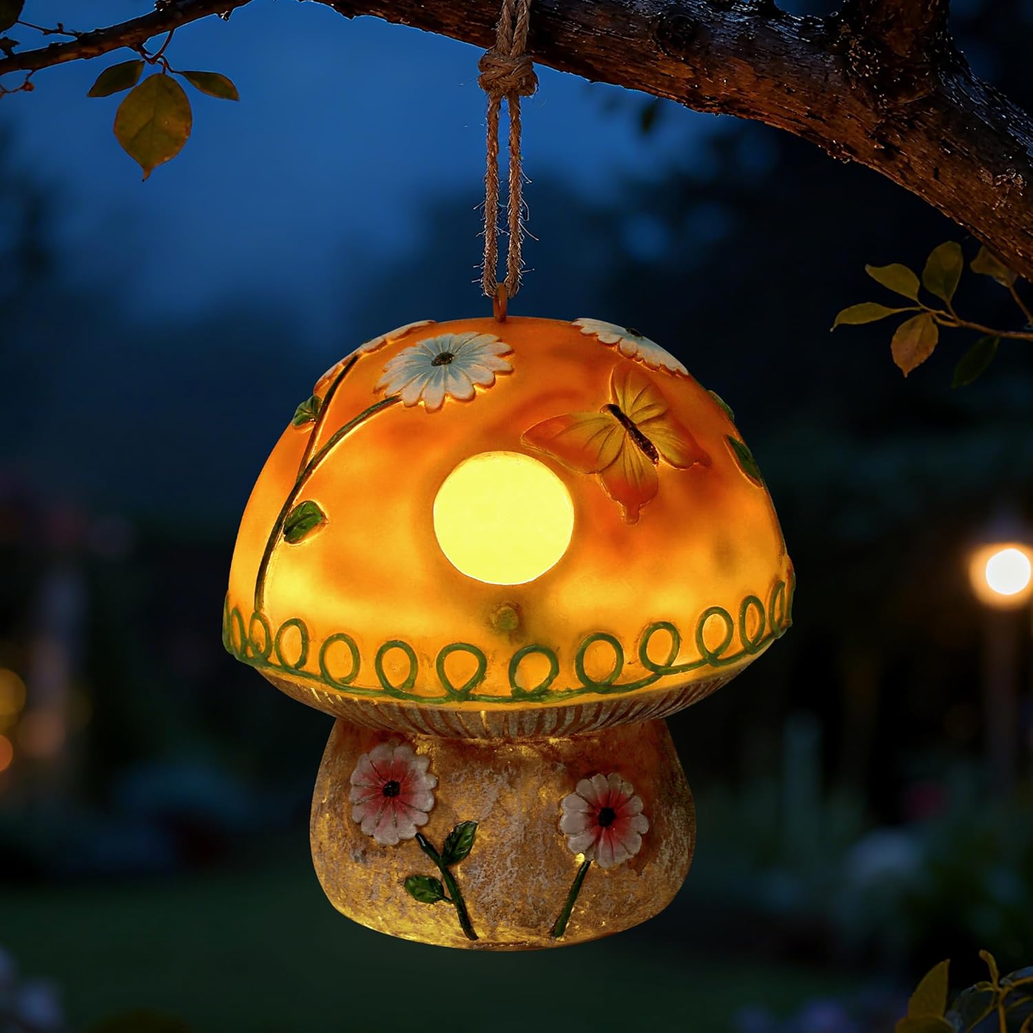 Smadeer Solar Birdhouse for Outdoor Hanging, Mushroom Bird House with Lights Outside, Resin Garden Statue Decorative Nesting Box for Chick Blue Bird Hummingbird Woman Gifts for Yard Patio