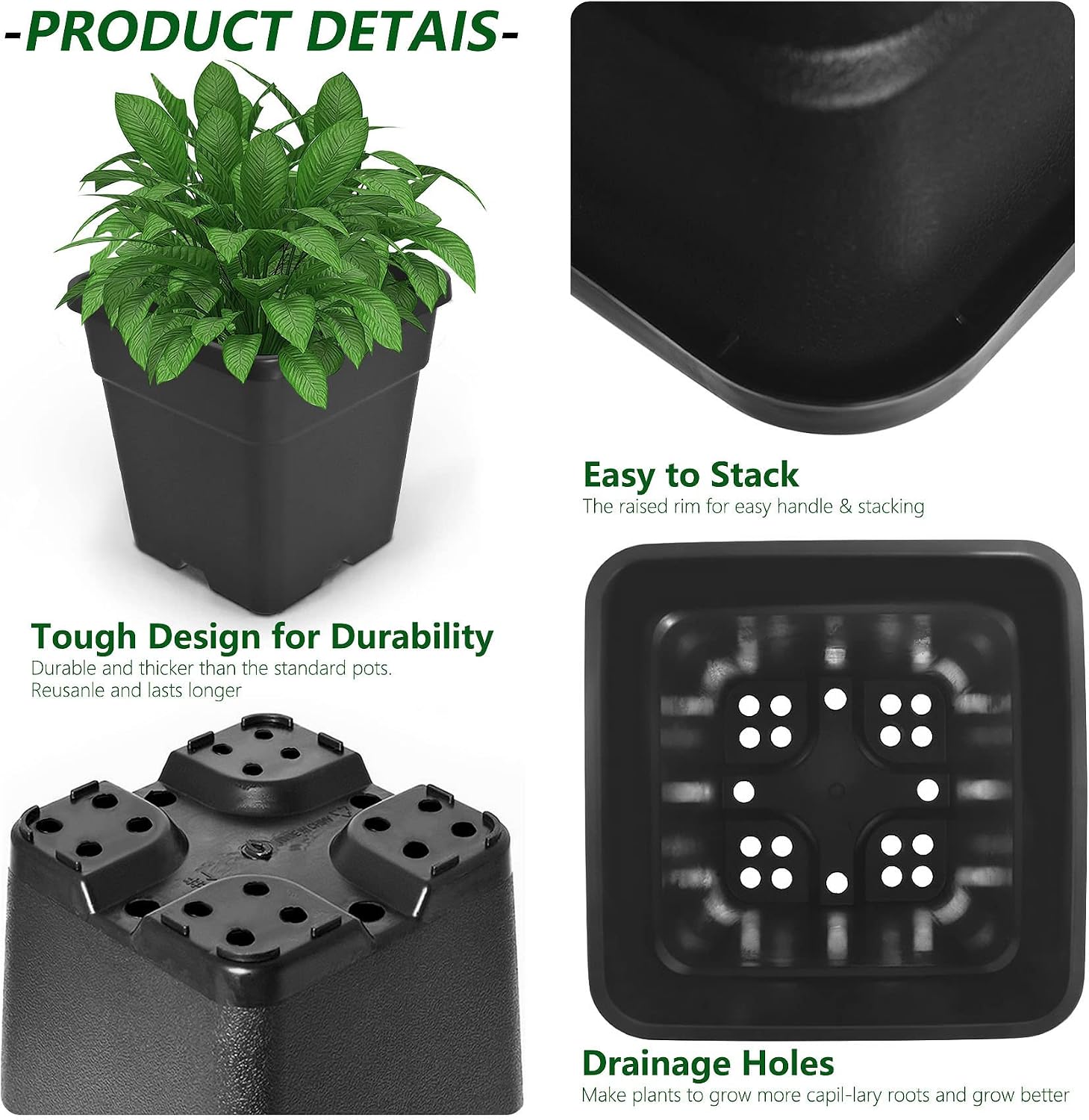waltyotur 10PCS 3 Gallon Square Durable Planter Nursery Pots, Injection Molded Plastic Plant Container Garden Planter Pots for Indoor Outdoor Plants Flower Vegetables, Black