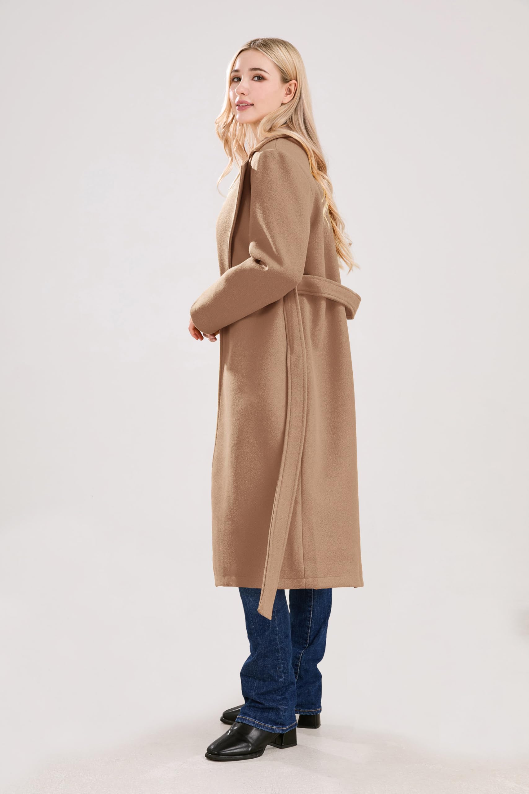 utcoco Cappotto lungo da donna in lana con colletto dentellato aperto sul davanti in misto lana trench con cintura