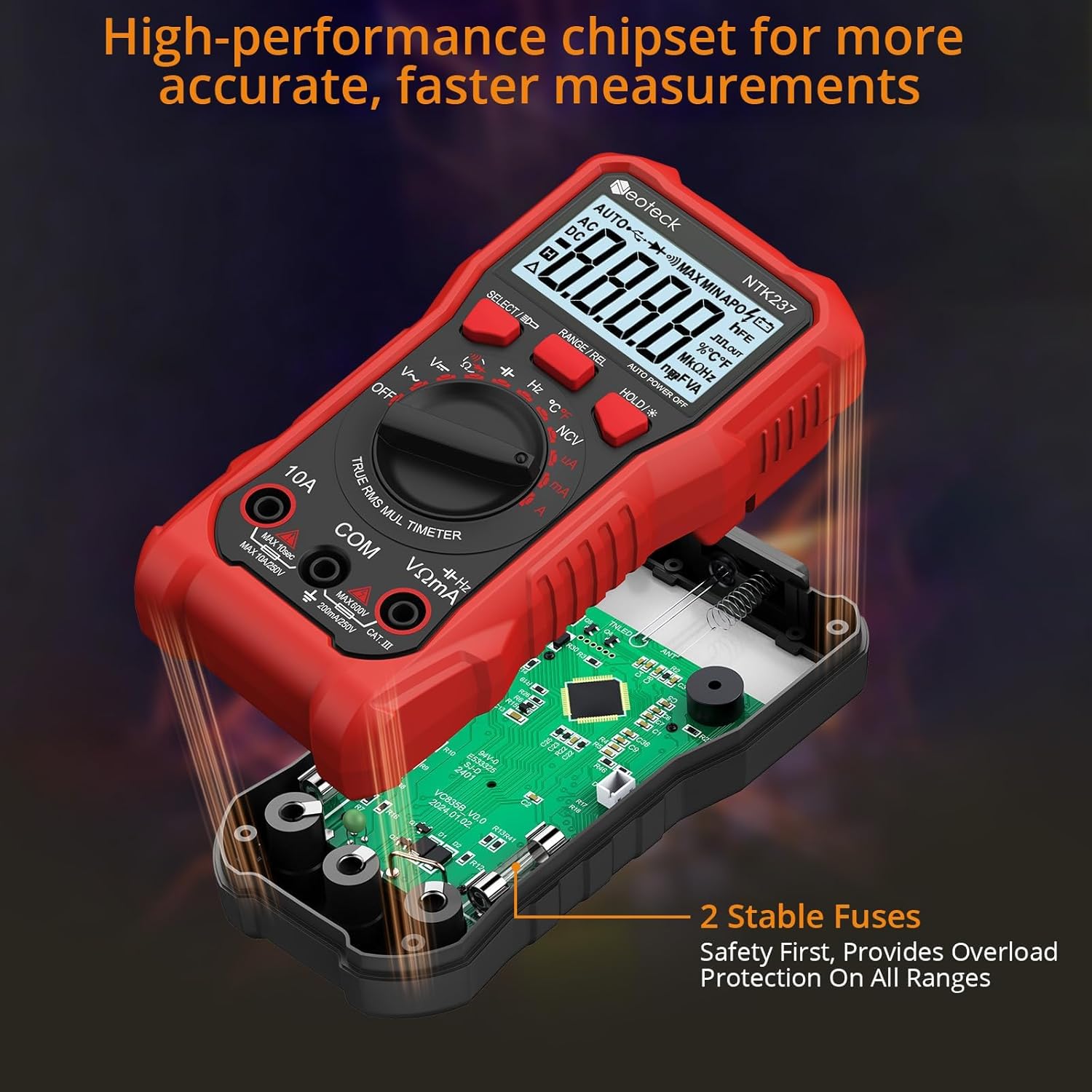 Neoteck 2000 Counts Digital Multimeter Voltmeter Tester with NCV, LCD for AC/DC Voltage&Current, Resistance, Capacitance, Live Wire, Frequency, Temperature, Duty Cycle, Continuity, Diode Measuring-Red - Image 3