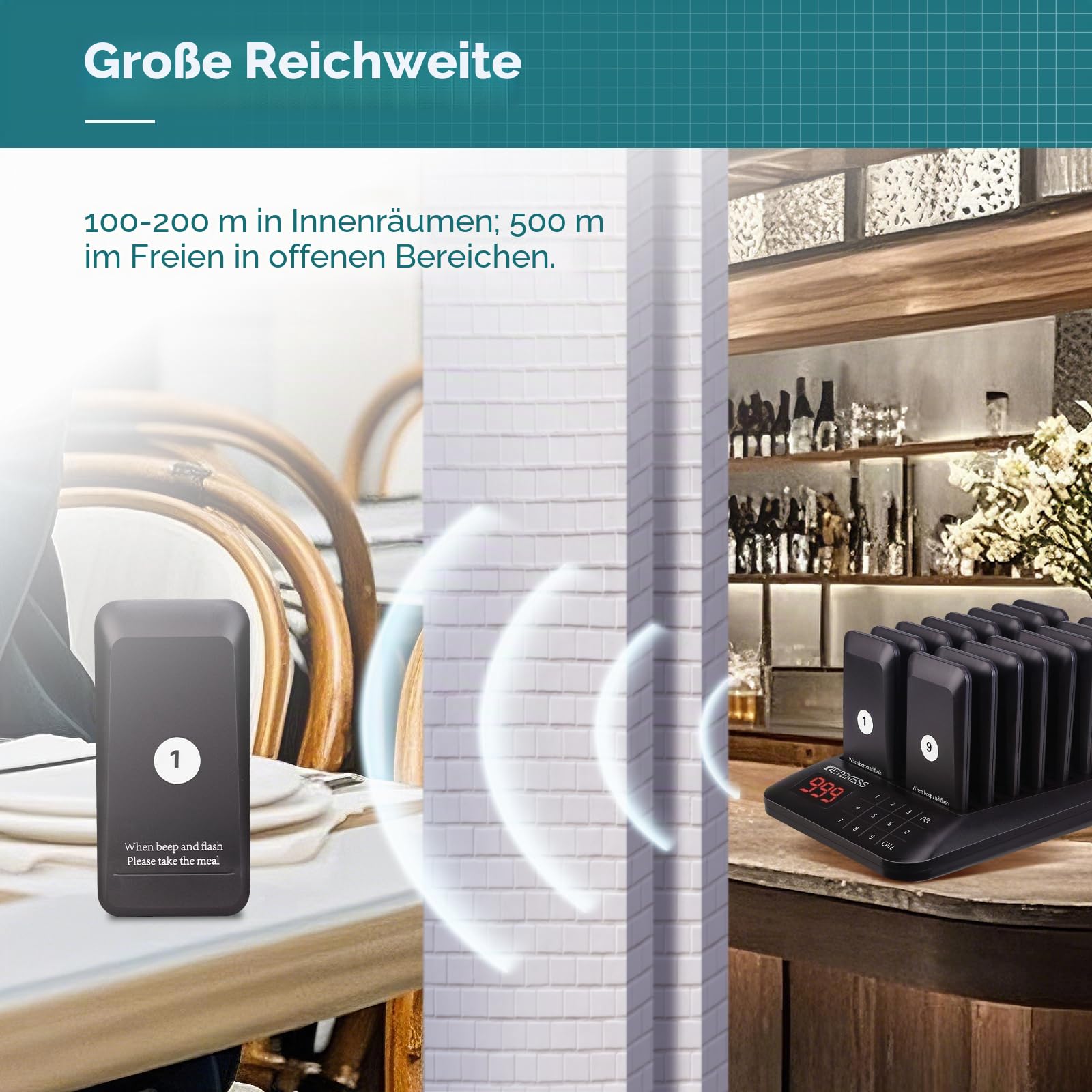 Retekess TD157 Pager System, 16 Pagers, Pager Rufsystem Gastro, Draußen 500M, 300mAh Akku, mit Vibration, 998 Kanäle, Aufrufsystem für Restaurants, Bar, Imbisswagen