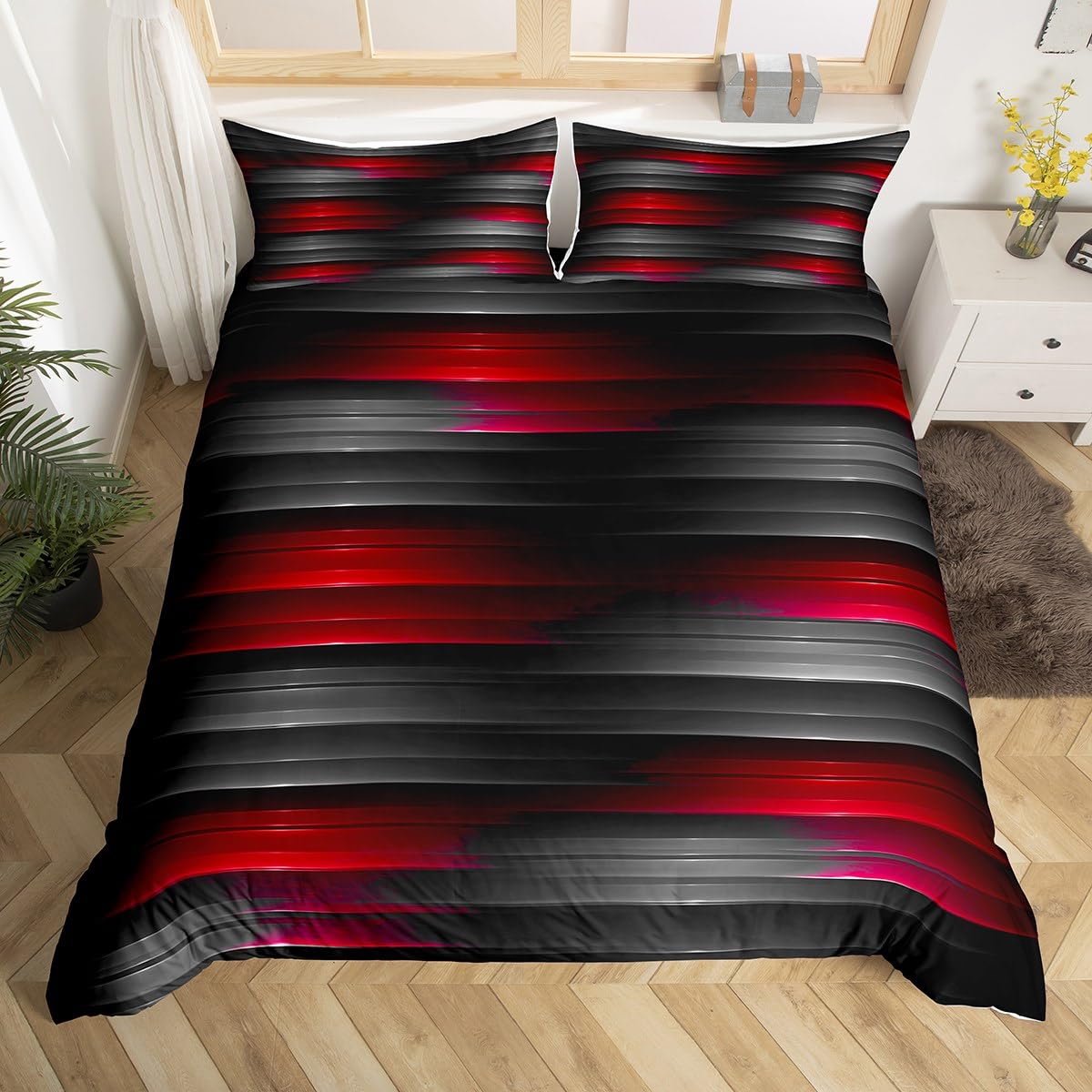 Feelyou Kids Red Gray Ombre Bedding Set Queen Size Geometric Abstract Striped Duvet Cover for Boys Girls Teens Bedroom Modern Decor Comforter Cover