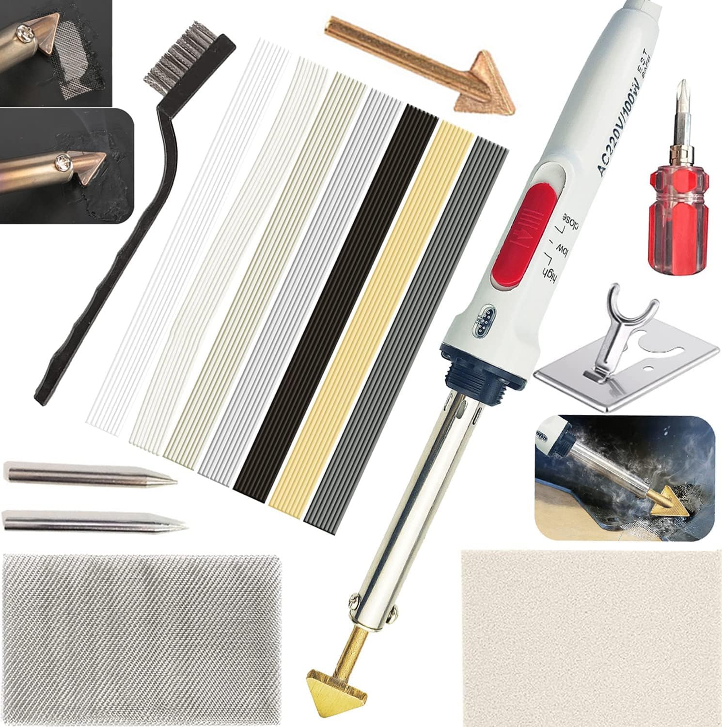 100W 2 in 1 Plastic Welding Kit&Soldering Iron Kit, 3-Speed Adjustment Temperature Control Plastic Welder with 56pcs Rods, Patch Net, Hot Iron Stand, Wire Brush, Professional Surface Repai
