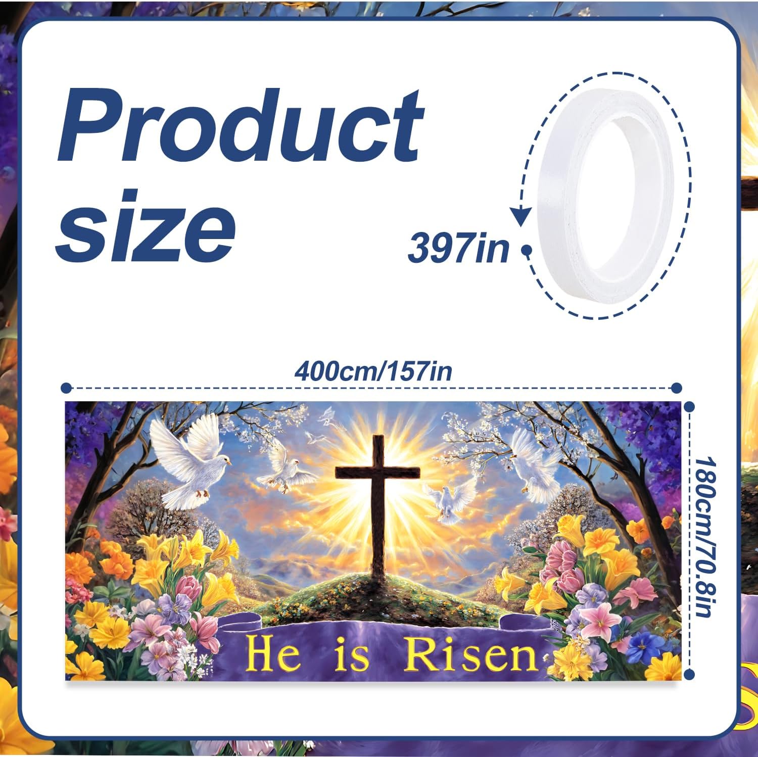 13x6 ft He is Risen Easter Garage Door Banner - Cross with Dove & “He is Risen” Scripture Backdrop, Hanging Religious Decor for Easter Sunday Church Service Outdoor Sign