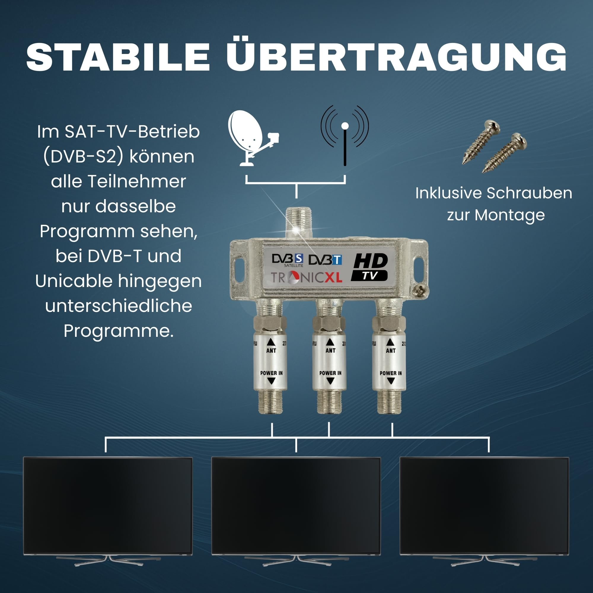 TronicXL 3-fach Sat Splitter 60dB Verstärker I Antennenverteiler Weiche DVB-S2 DVB-T2 Weiche mit Antennenverstärker für 3D 4K HDTV Signalverstärker für guten Empfang