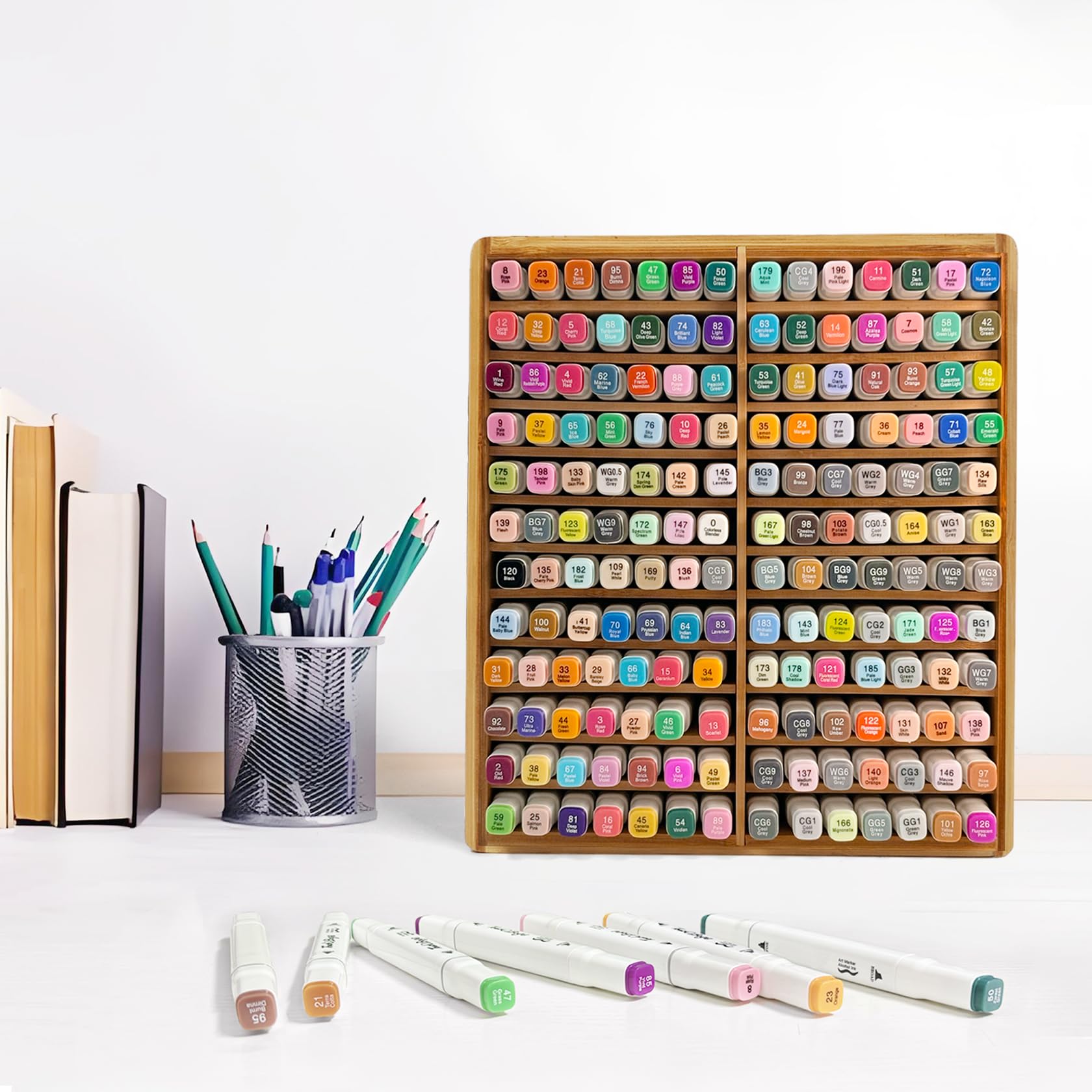 Feutre A Alcool Holder Ohuhu Organiseur De Bureau En Bambou Pour 126 Marqueurs, Stylos, Crayons, Pinceaux D'art, Papeterie Avec 18 Compartiments Ohuhu Bamboo Marker Ohuhu Feutres Alcool